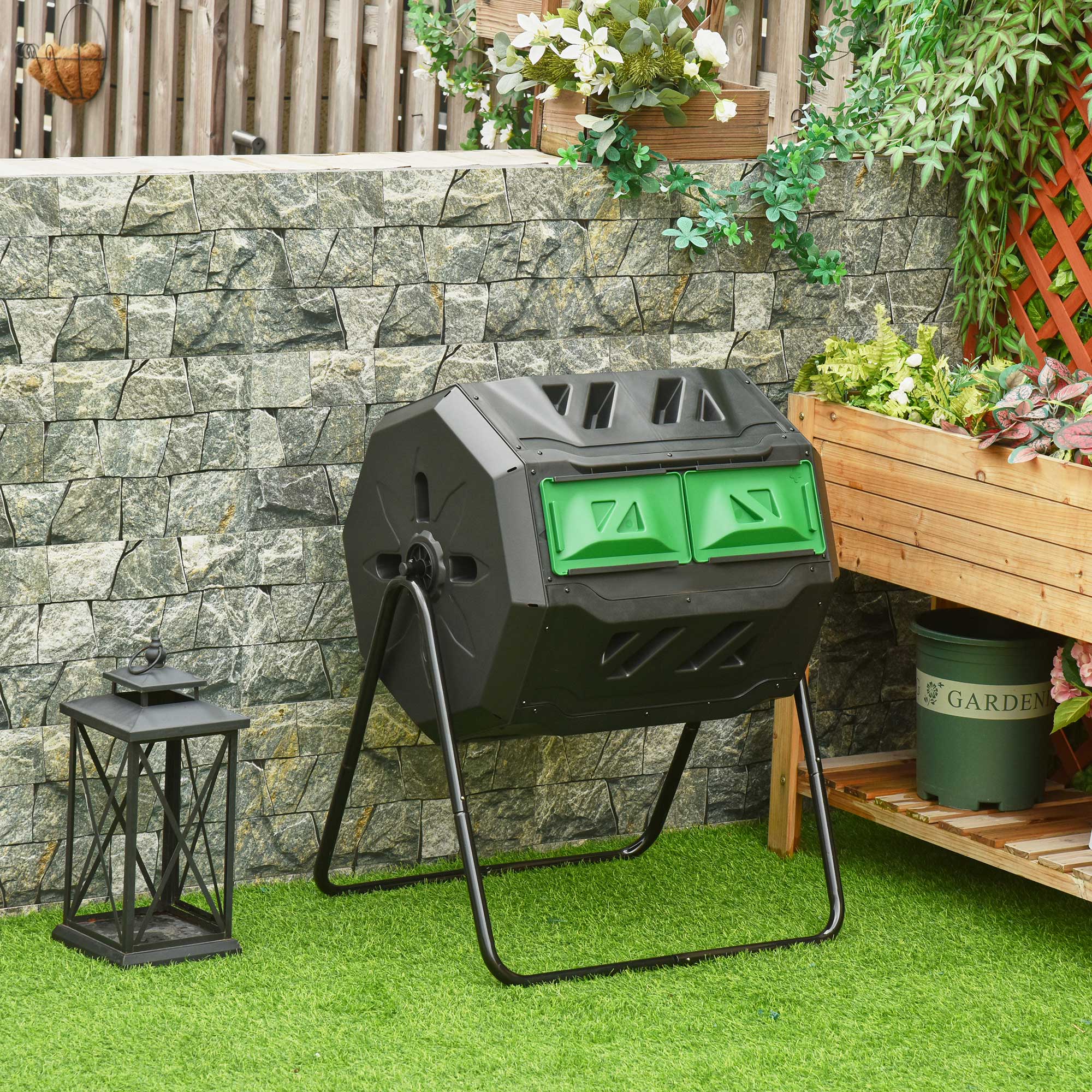 Kompostbehälter mit 2 Behältern, 160 L Fassungsvermögen, drehbar, 71 cm x 65 cm x 96 cm, Grün + Schwarz