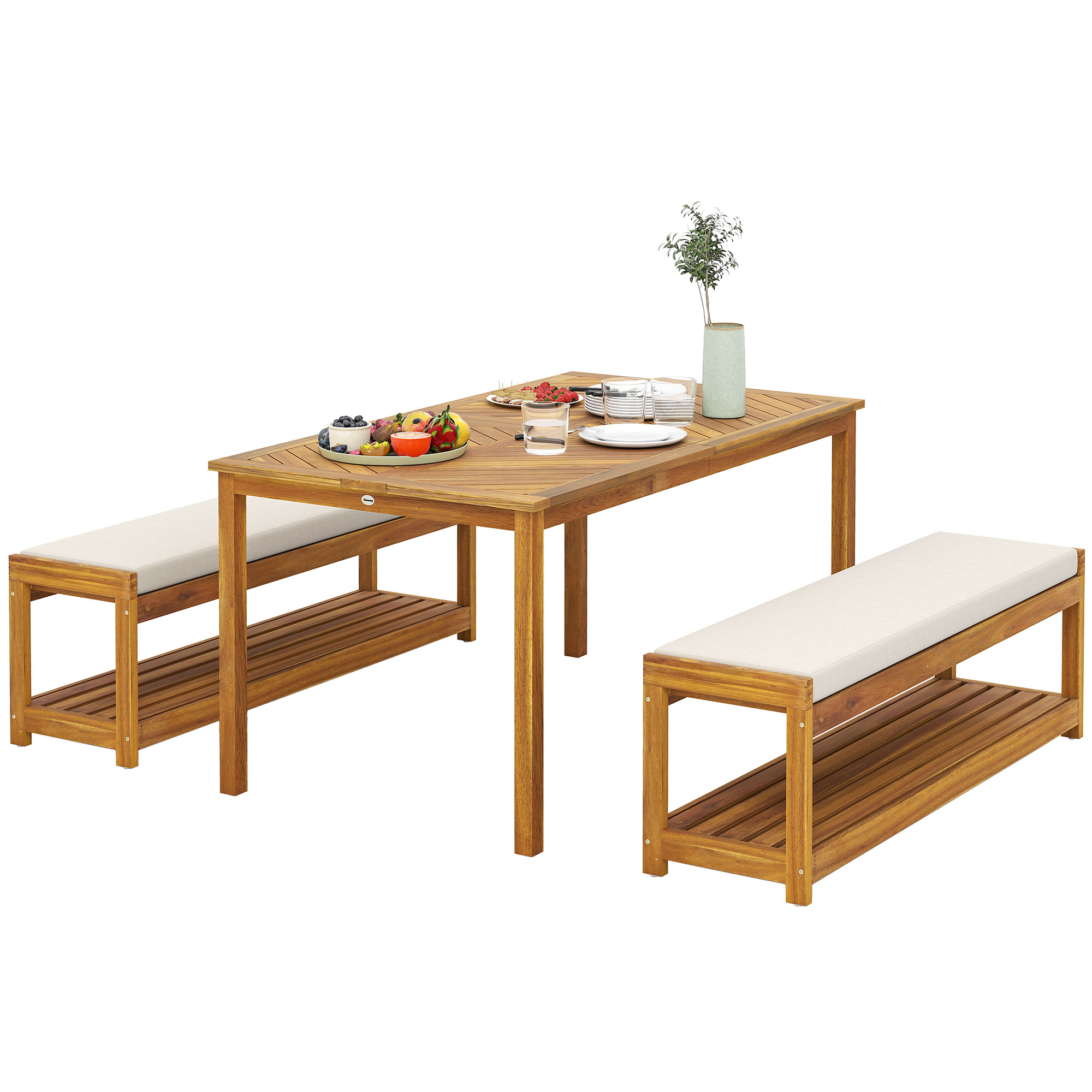 3 tlg, Gartenmöbel-Set, Sitzgarnitur inkl, 1 Esstisch mit Schirmloch, 2 Bänke 150 x 85 x 75 cm Teak