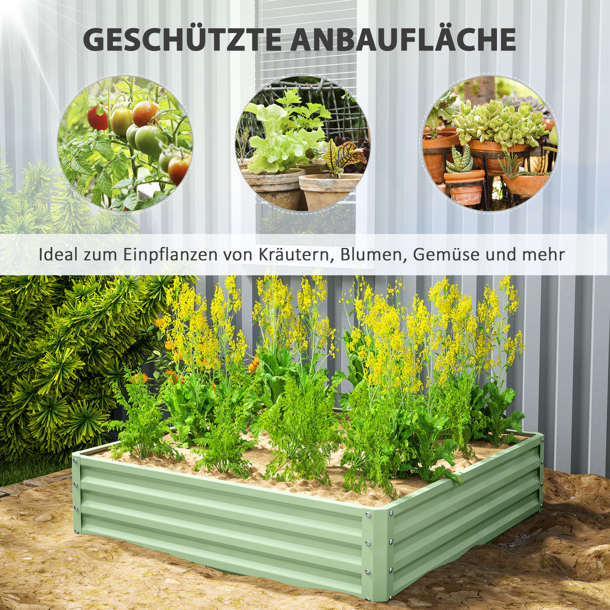 Gartenbeet, Pflanzkasten mit Stahlgehäuse, Grün, 120 x 120 x 30 cm
