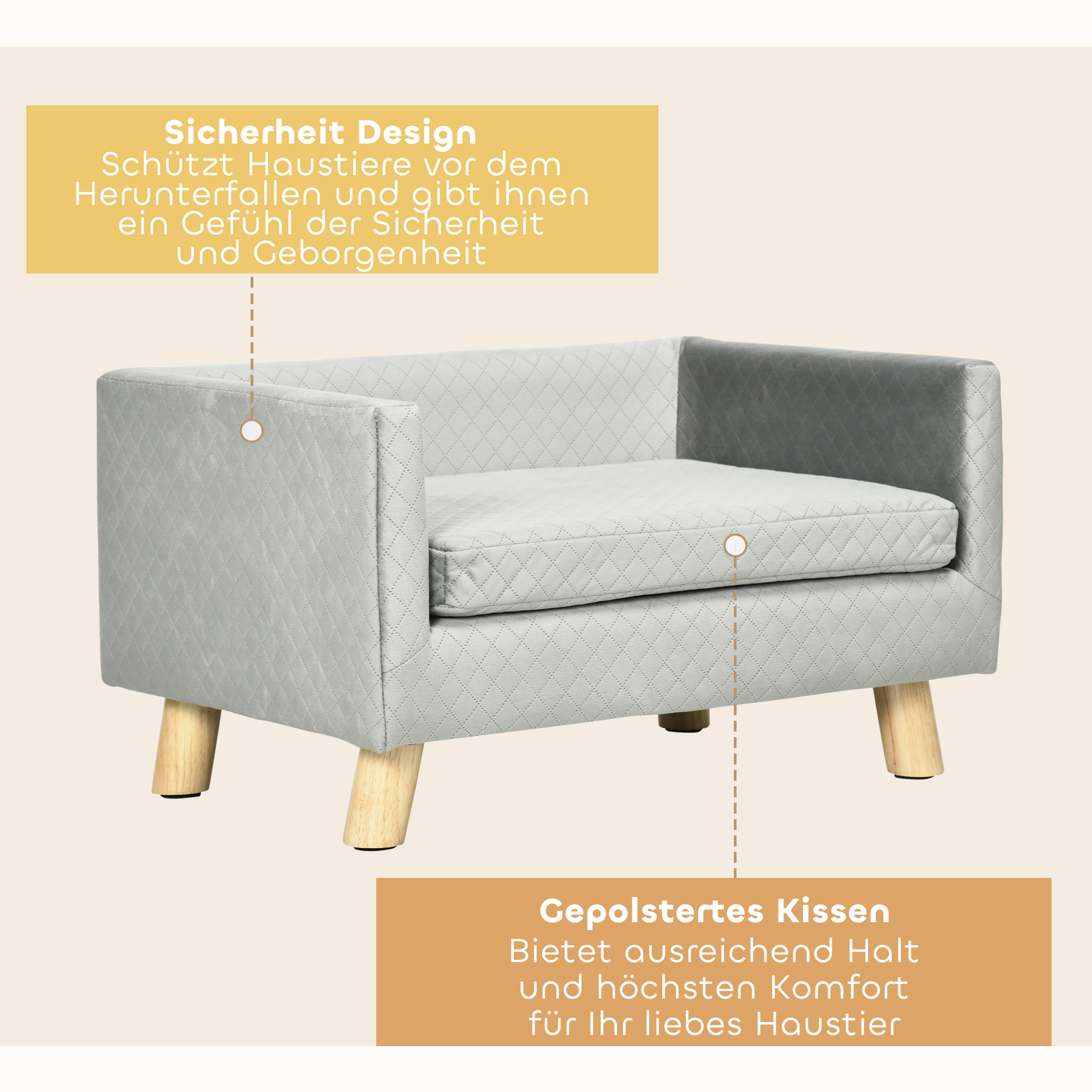 Hundesofa mit Holzbeinen Hundebett Haustiersofa Hundematte für kleine Hunde bis zu 8 kg Samt-Touch Grau 64 x 45 x 36 cm