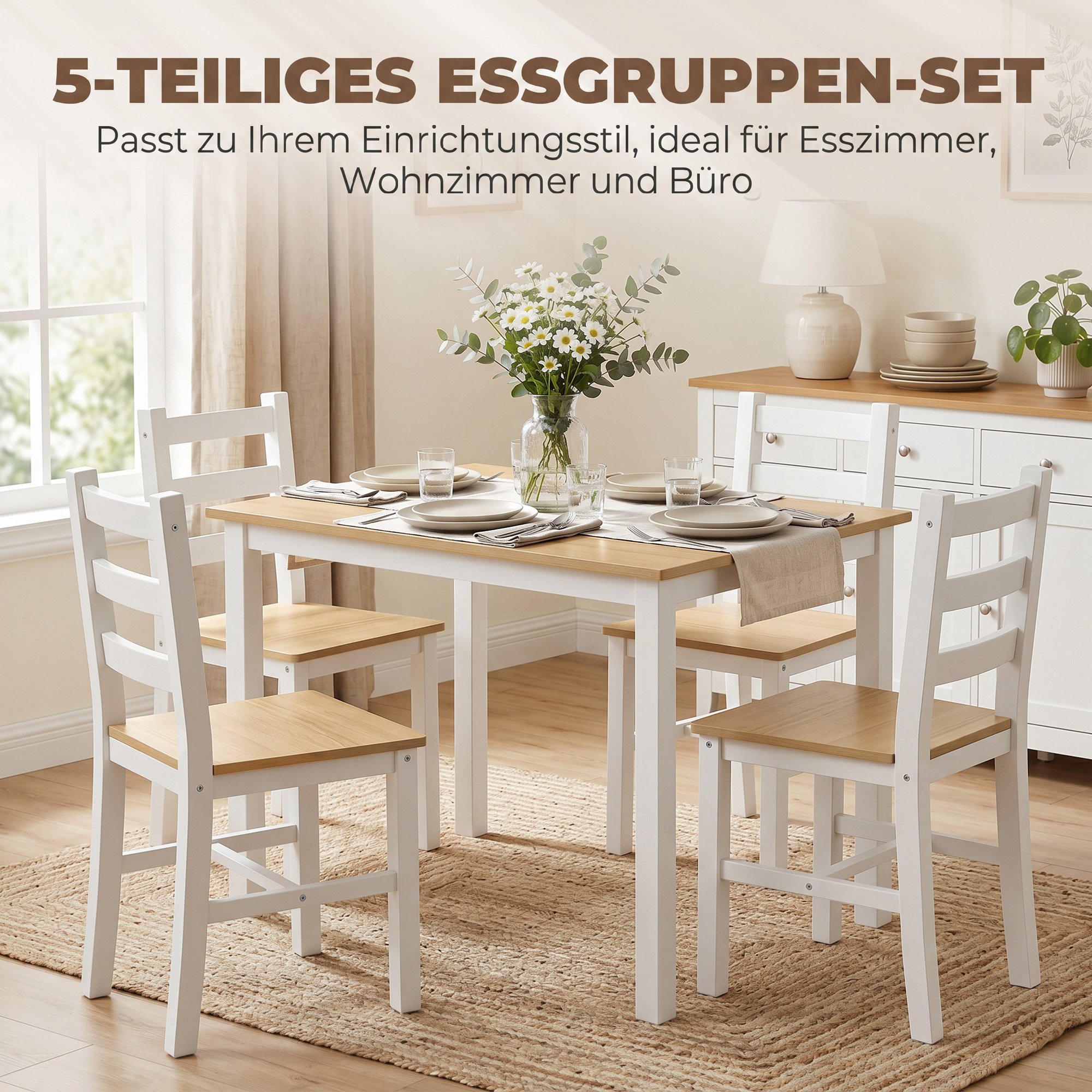 5-teiliges Essgruppe für 4 Personen, Landhaus-Esstisch und Stühle aus Massivholz, Natur/Weiß