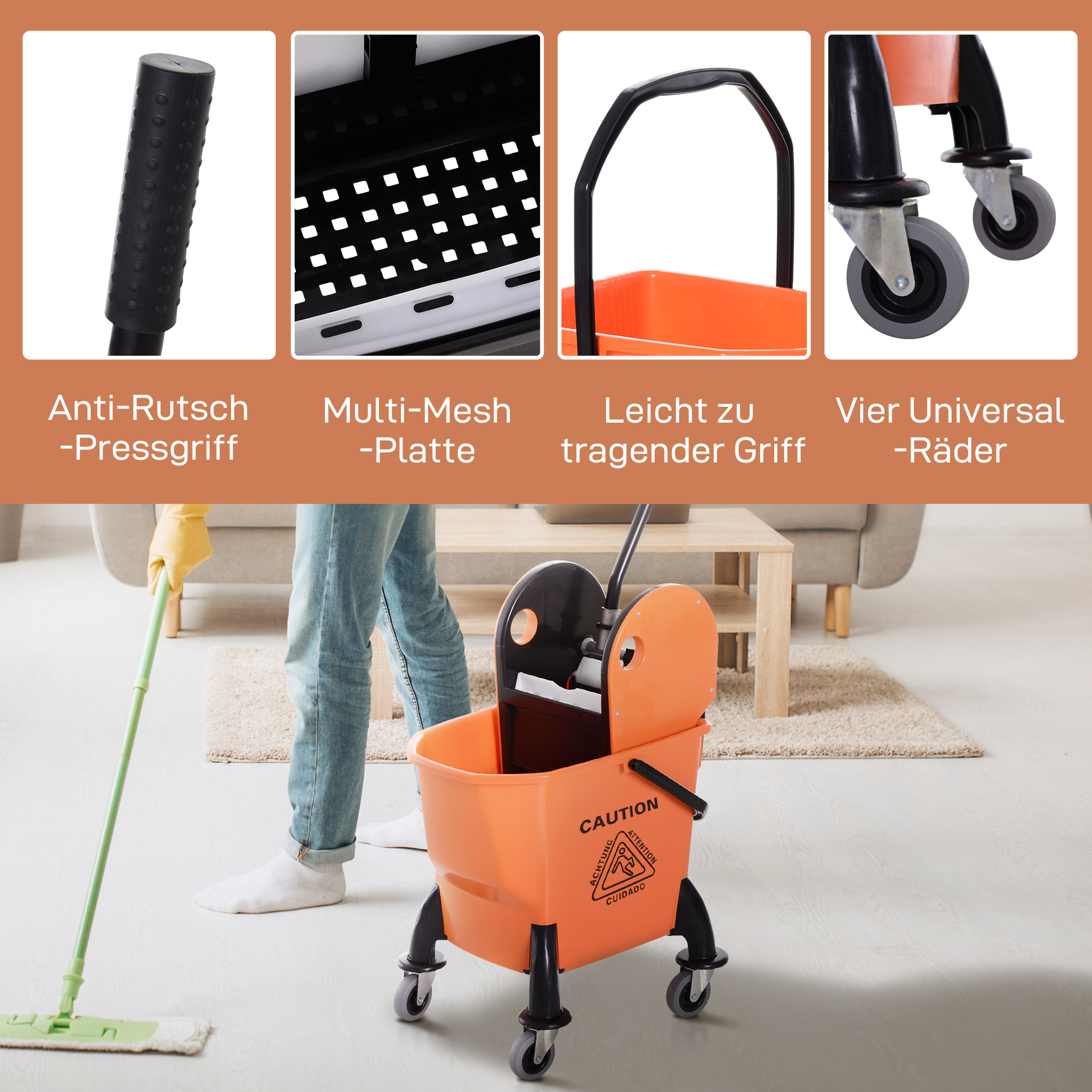 Rollbarer Reinigungseimer, Moppeimer, Mopp-Presse, 26 L, Kunststoff, Orange