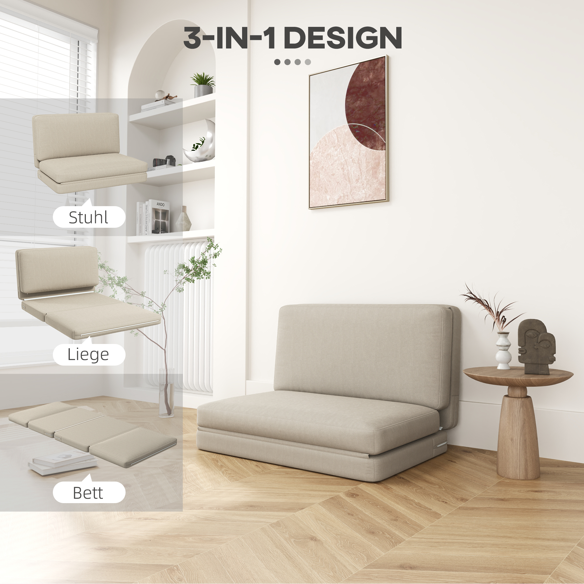 2-in-1 faltbarer Relaxsessel, Gästematratze, teilbar, 120 cm breit, Beige