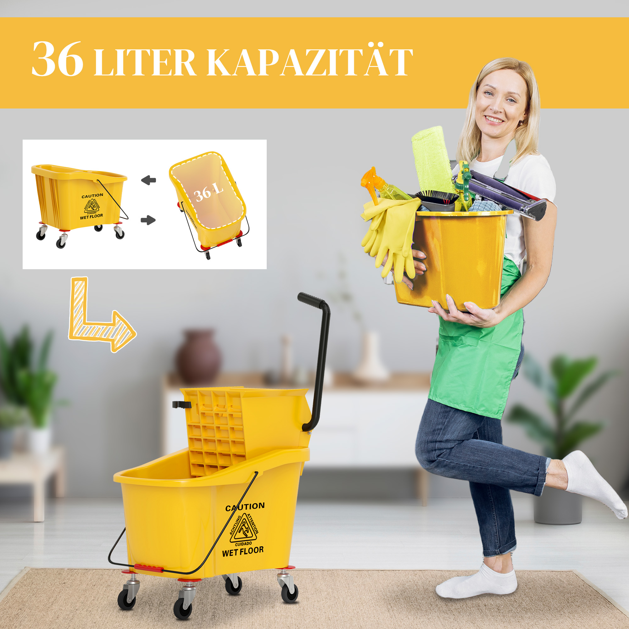 Wischeimer auf Rädern mit Mopp-Auswringer, Mopp-Halter, 36 Liter, Kunststoff, Gelb