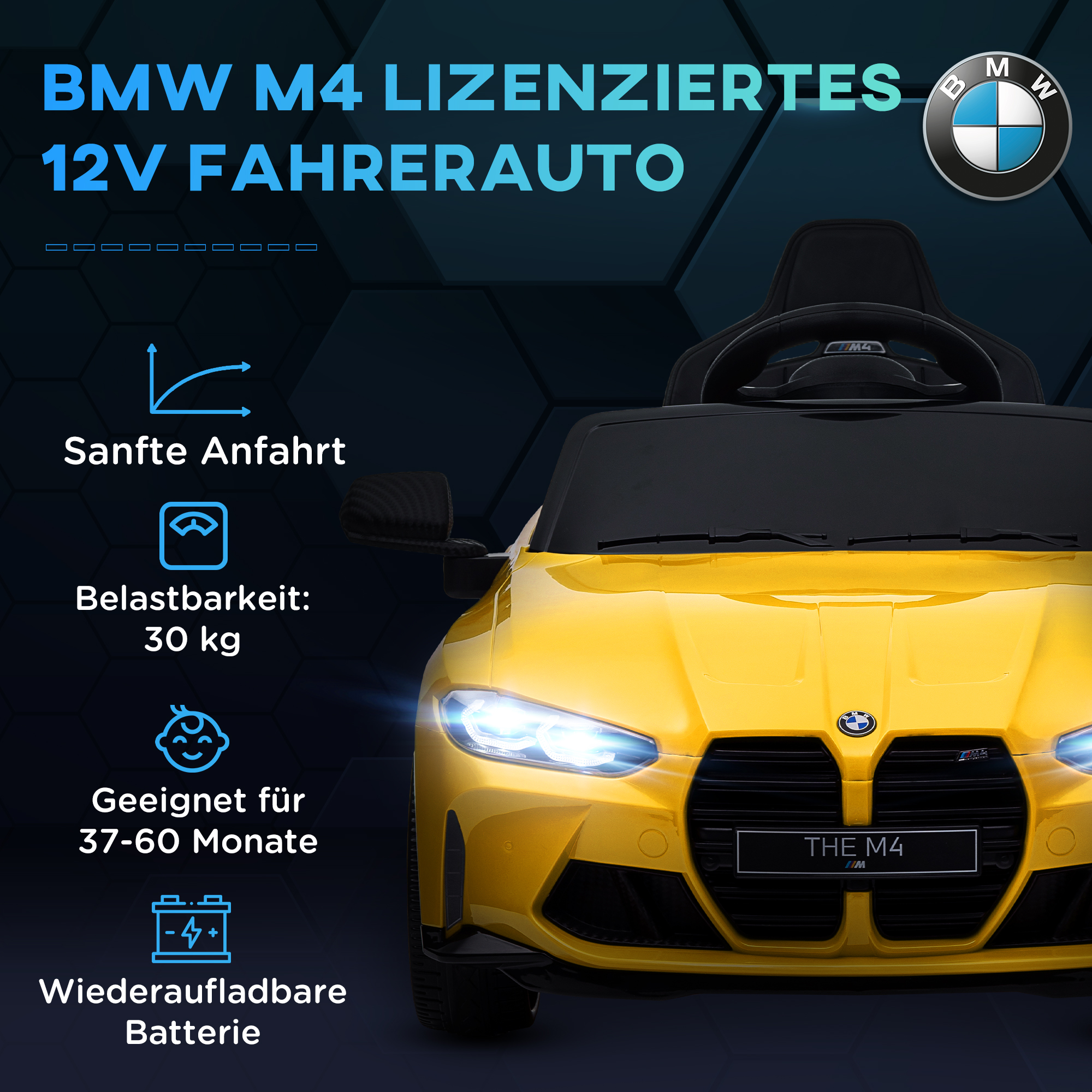 Elektro Kinderauto BMW M4, Sound & Licht, 3-5 km/h, inkl. Fernsteuerung, für 3-5 Jahre, Gelb