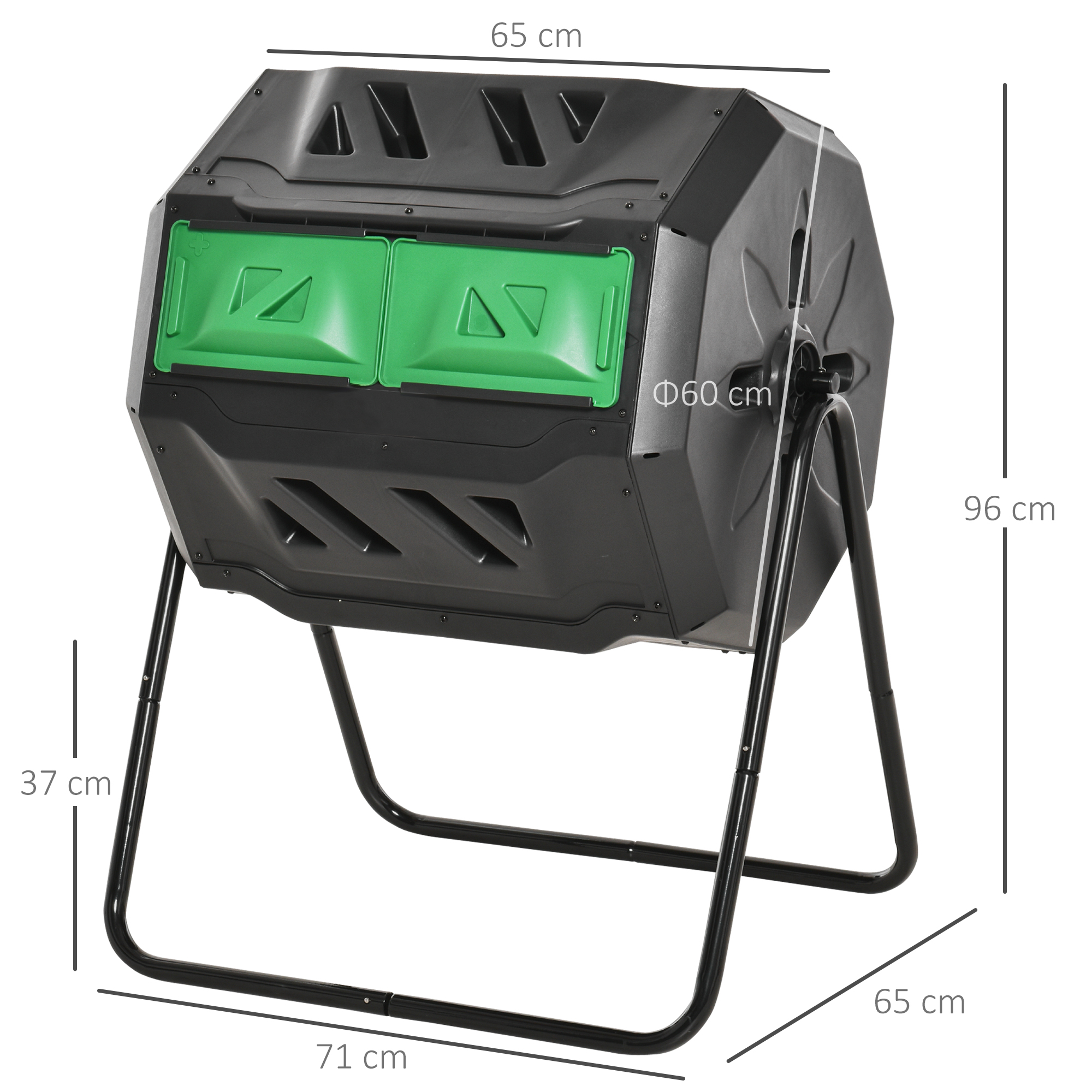 Kompostbehälter mit 2 Behältern, 160 L Fassungsvermögen, drehbar, 71 cm x 65 cm x 96 cm, Grün + Schwarz