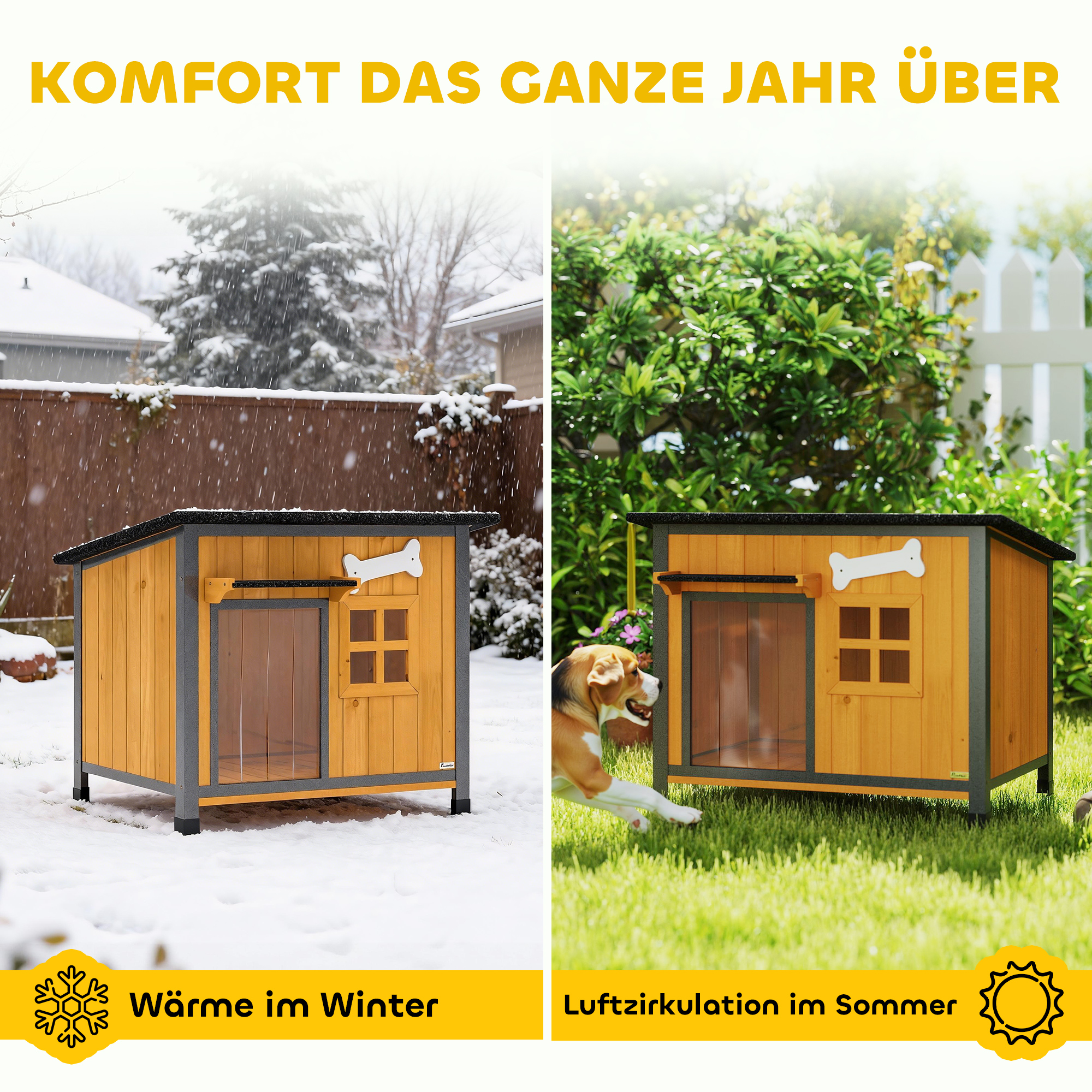 Hundehütte Holz Outdoor Hundehaus mit Asphalt-Dach zum Öffnen herausnehmbarem Boden Türvorhang Stahlrahmen 84,5x62x65cm