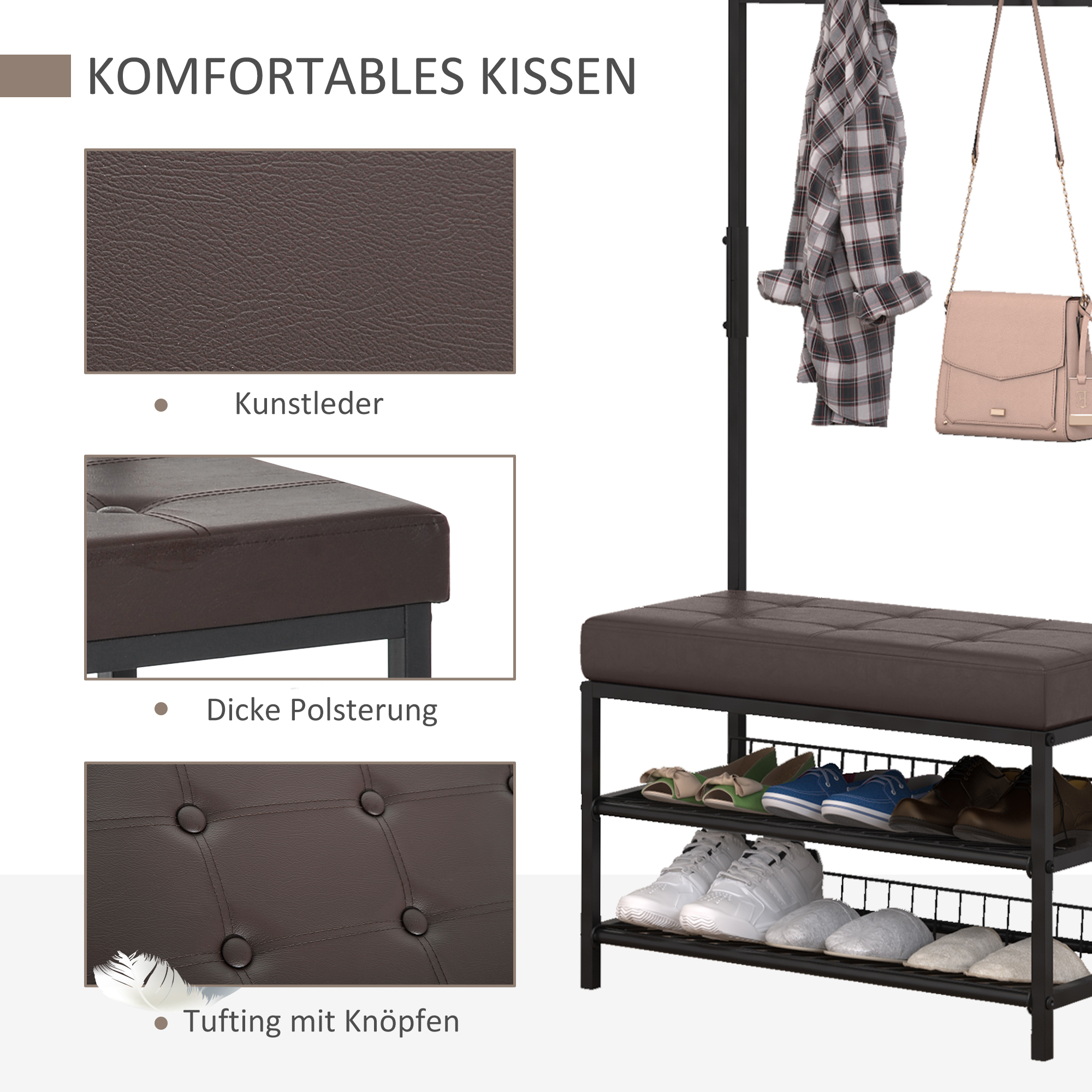 Garderobenständer Kleiderständer mit 5 Haken und Schuhbank mit 2 Ebenen Garderobe aus Metall für Flur, Schlafzimmer, 72,5 x35 x 180cm