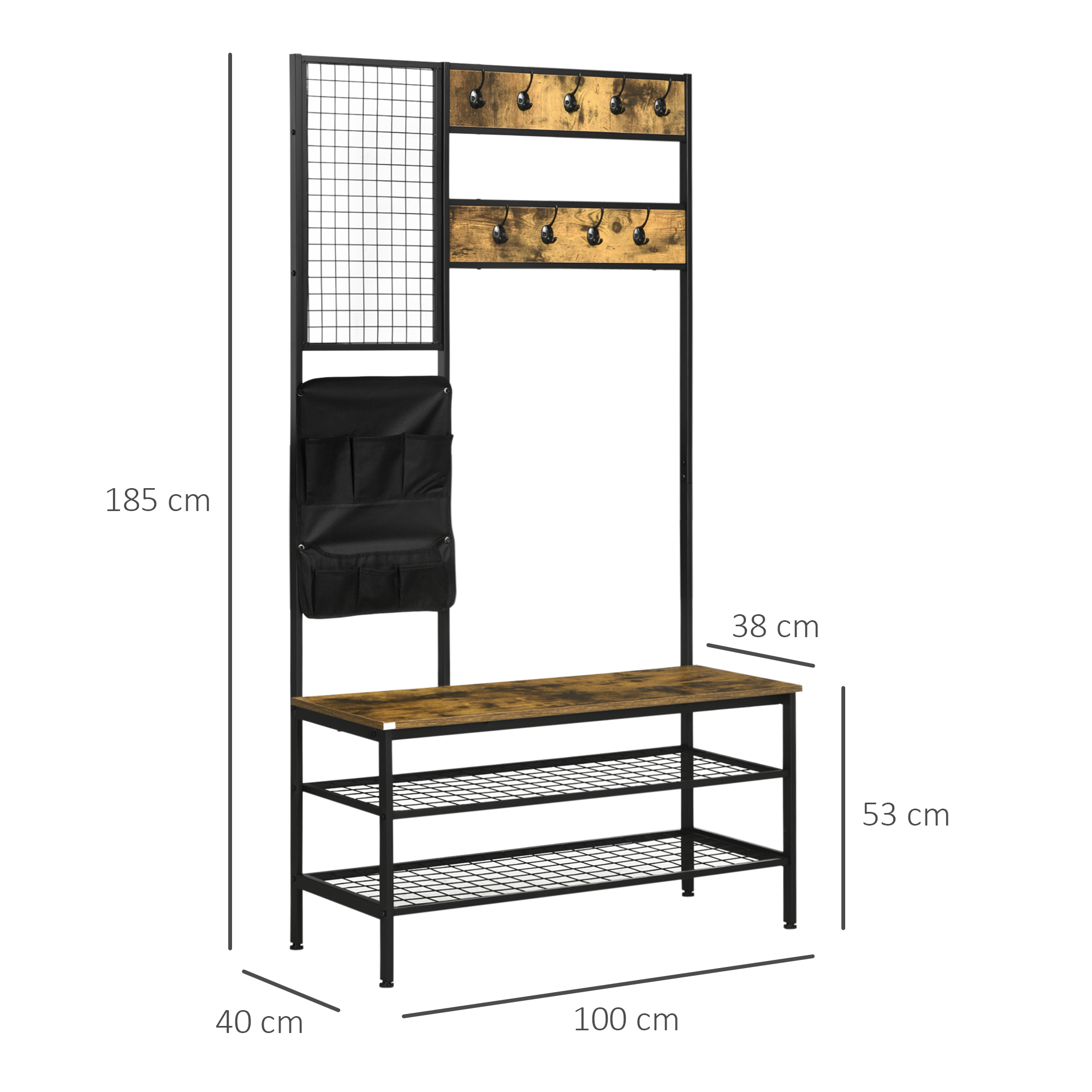 Garderobe im Industriedesign, 1 Memoboard, 1 Schuhbank, 8 Kleiderhaken, 1 Aufbewahrungstasche, Schwarz + Braun