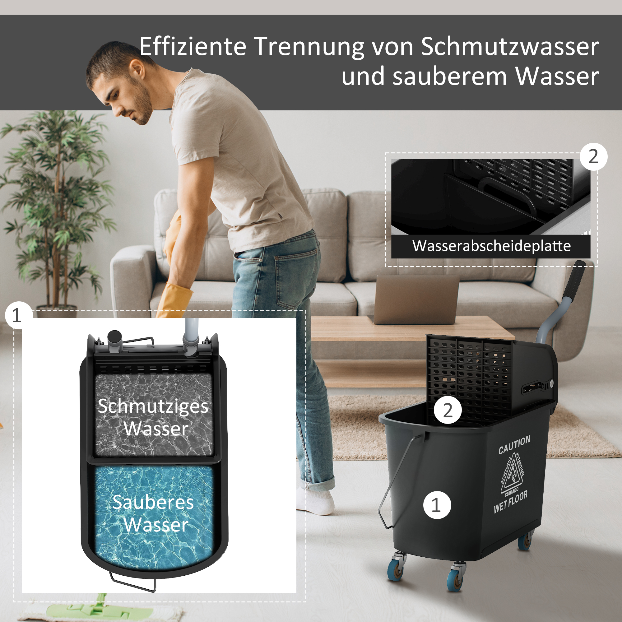 20 L Mopp-Eimer mit Auswringer und Griff, Wischmopp-Eimer auf Rädern, Kunststoff, Schwarz