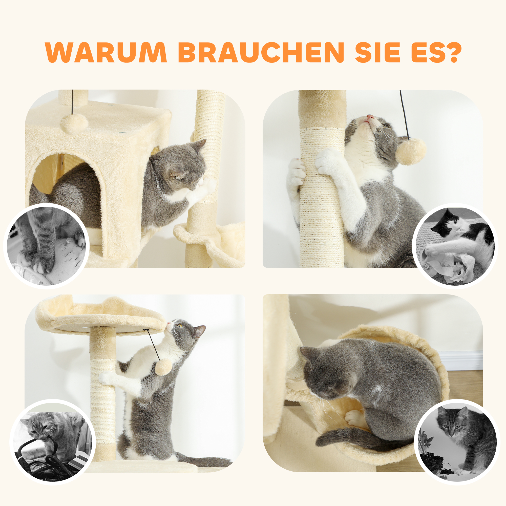 Kratzbaum 140 cm Katzenturm mit Hängematte, Leiter, Höhle, 2 Plüschballen, Sisalstämme, 48 x 48 x 140 cm, Beige