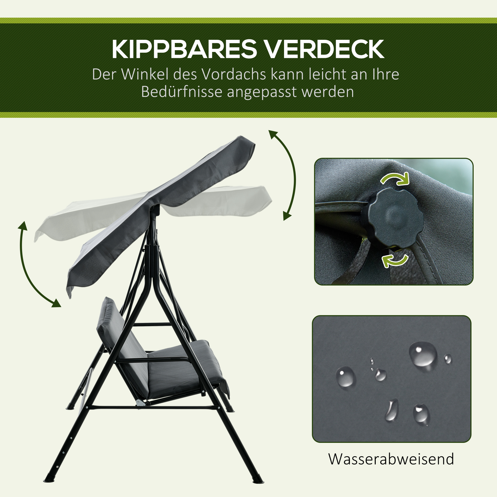 Hollywoodschaukel, Gartenschaukel, 3-Sitzer Schaukelbank mit Dach, Stahl, 172 x 110 x 153 cm, Grau
