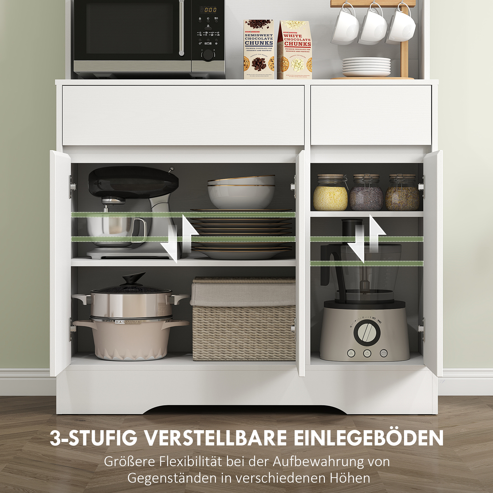 Küchenschrank mit offener Arbeitsfläche, 6 Schranktüren, 2 Schubladen, verstellbare Regale, Kabellöcher, Spanplatte, Weiß