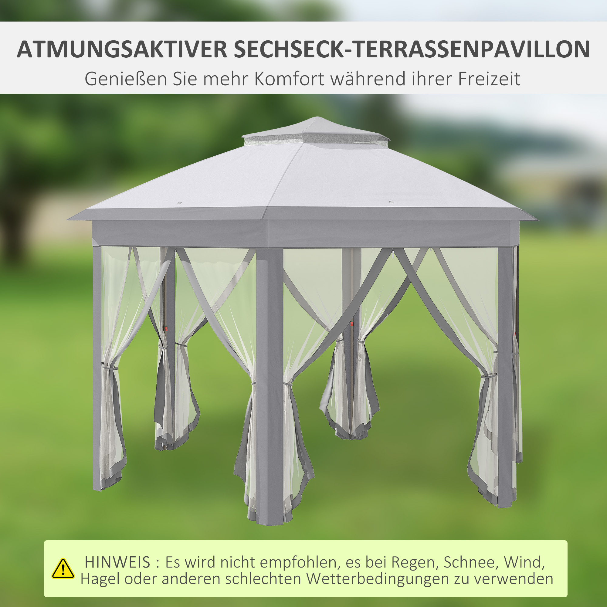 Faltpavillon 4 x 4m, Sechseck-Design, Netzvorhänge, wasserabweisend, Lüftungsdach, Grau+Weiß