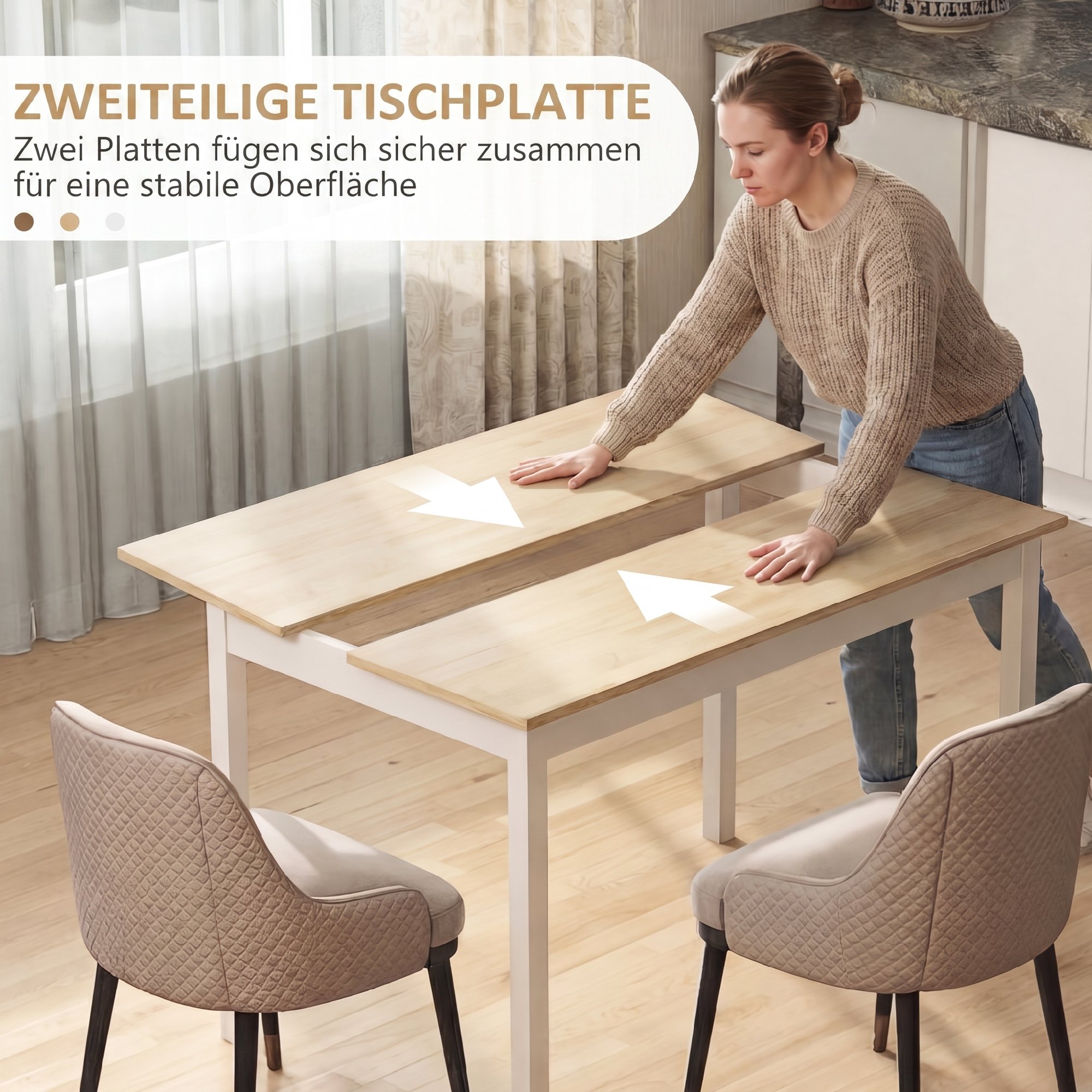 Esstisch, 120 x 75 cm Küchentisch mit Landhaus-Stil für 4 Personen, Holztisch für Wohnzimmer, Esszimmer, Natur