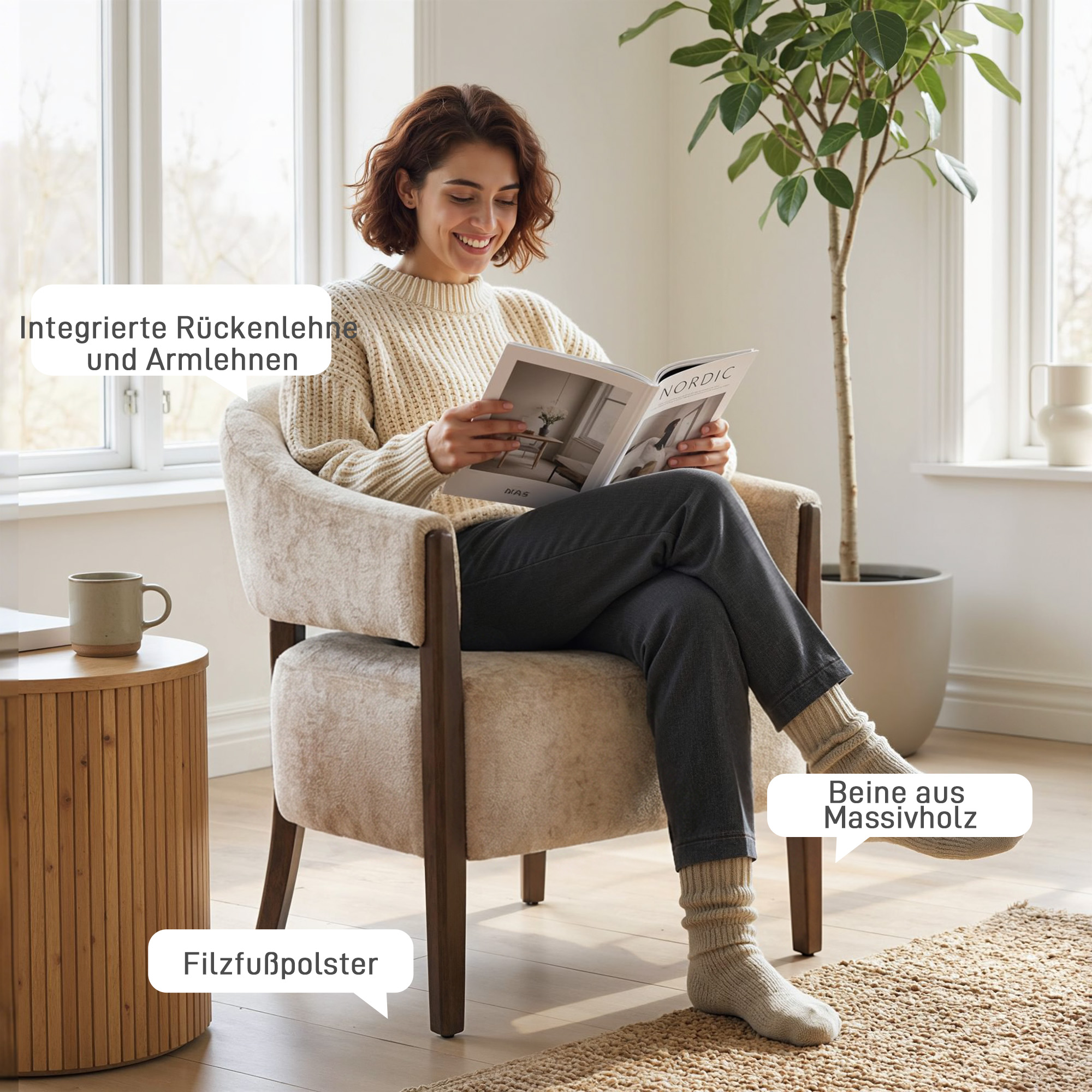 Akzentstuhl, Chenille-Polstersessel mit Massivholzrahmen und Beinen, Beige