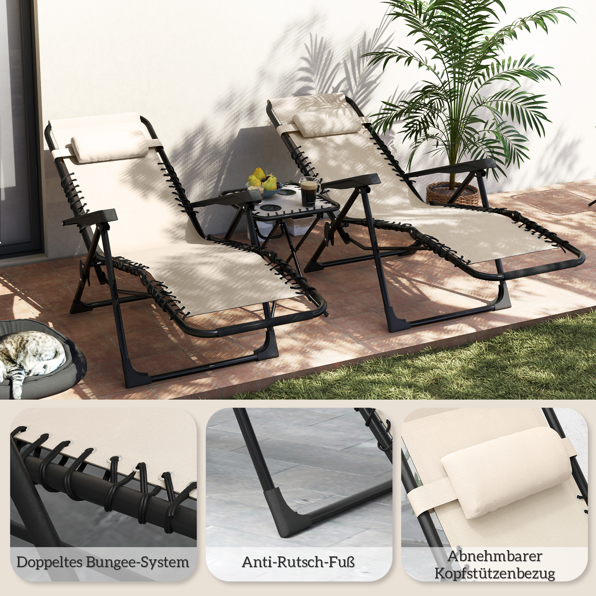 Gartenliege Set 3-TLG. Sonnenliege mit Teetisch 2 Liegestühle Kissen, Outdoor Liege 90x56x110 cm Beige