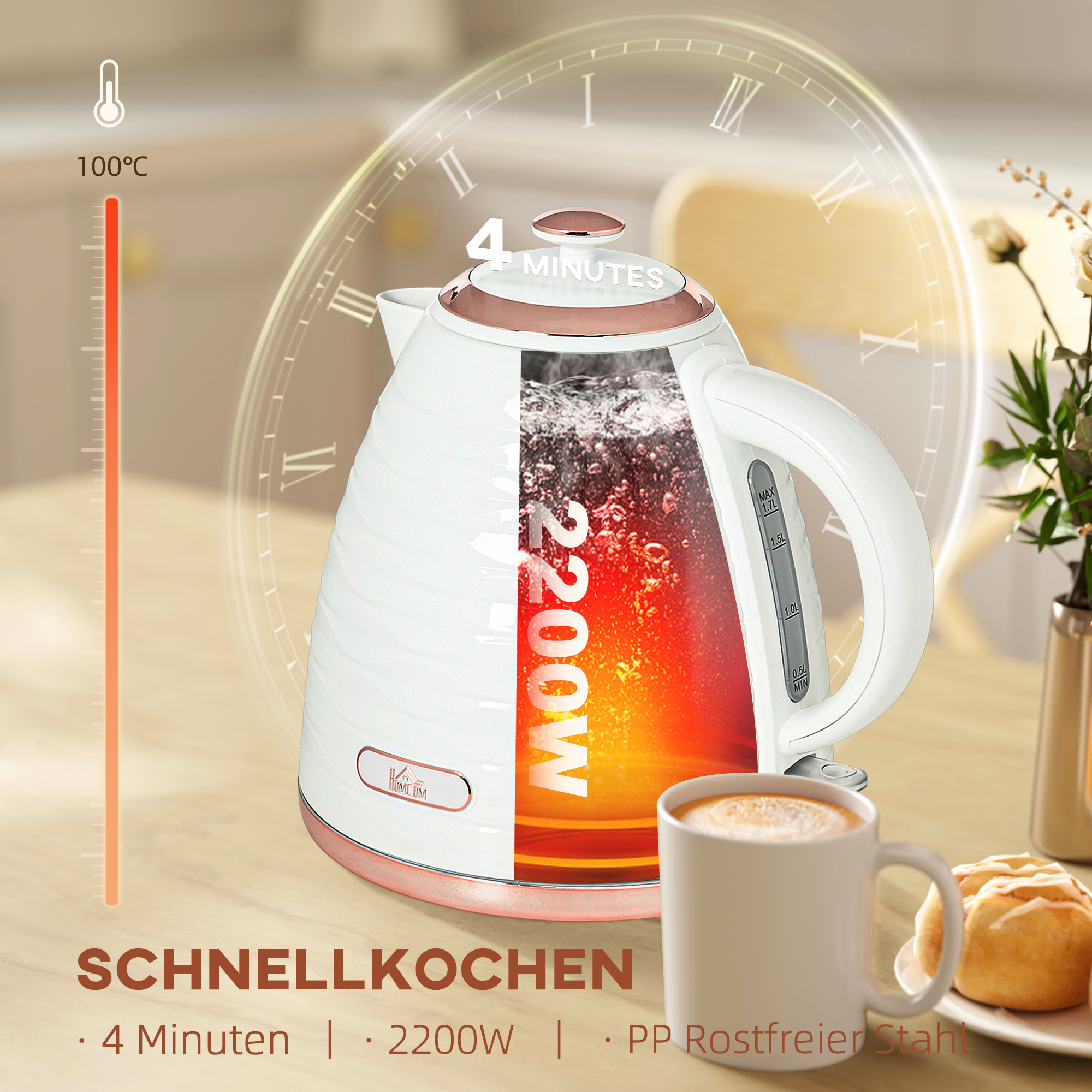 Wasserkocher, 1,7L, 2,2kW, Schnellkochfunktion mit Abnehmbarem Waschbarem Anti-Kalk-Filter