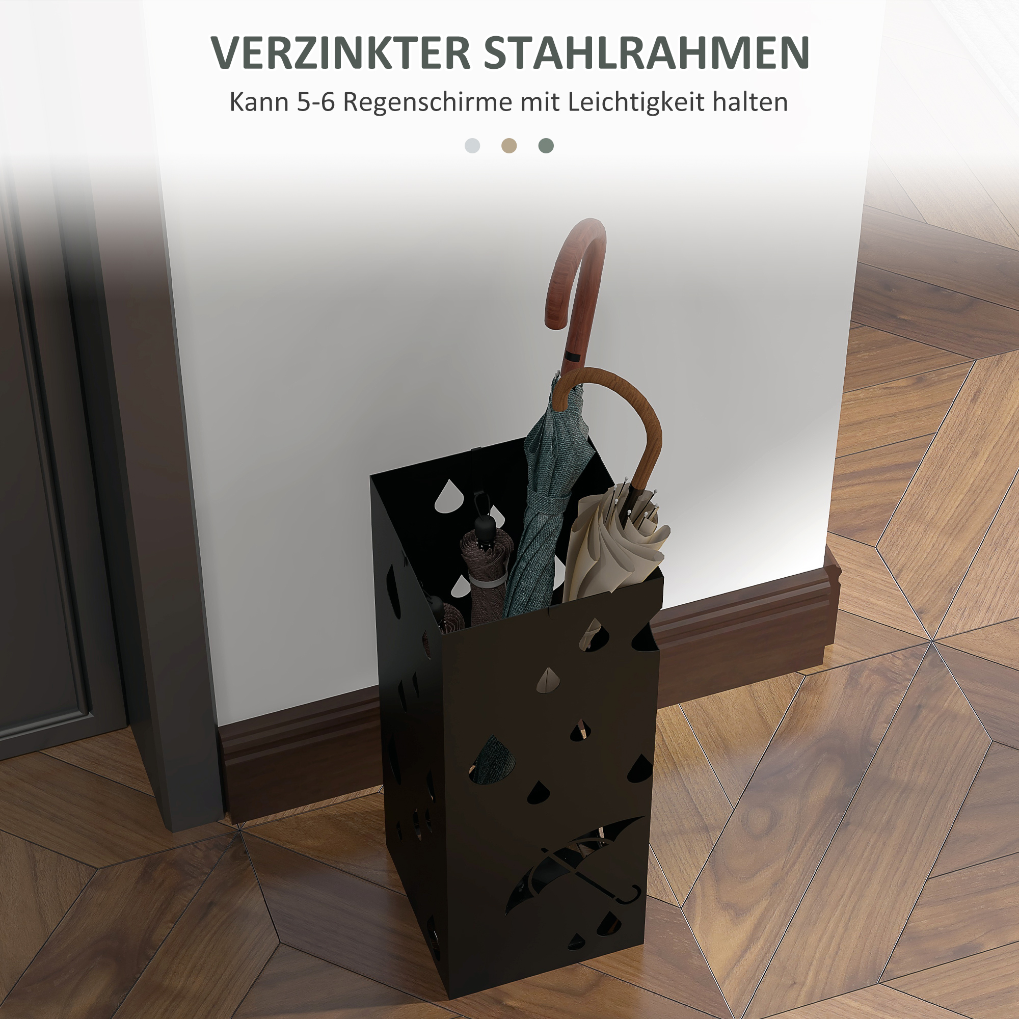 Schirmständer, 4 Haken, Tropfschale, Stahl, Schwarz