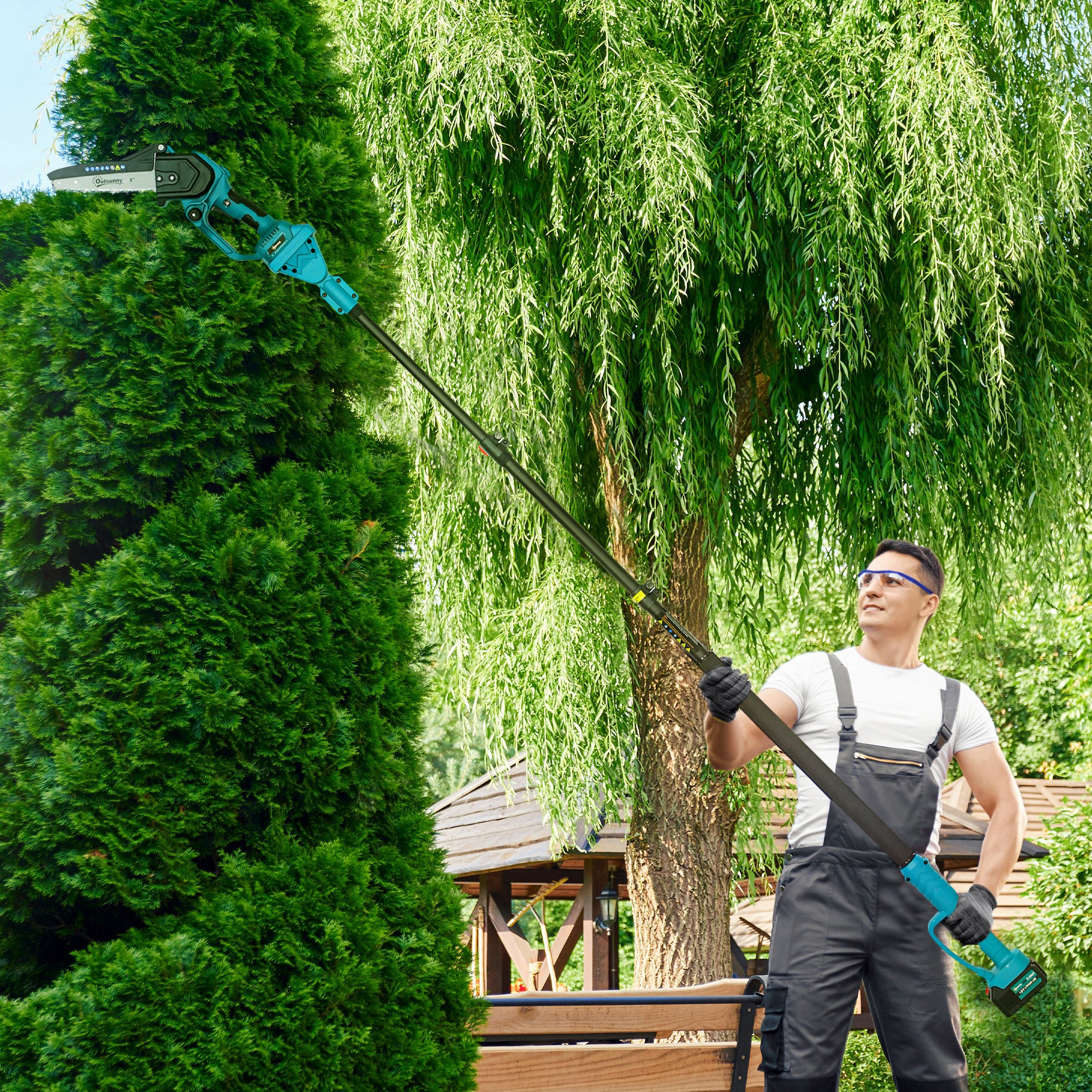 2-in-1 Mini Kettensäge 580W mit Akku 8000mAh Sicherheitsverriegelung 8 Zoll 42 x 29 x 10,5 cm Blau