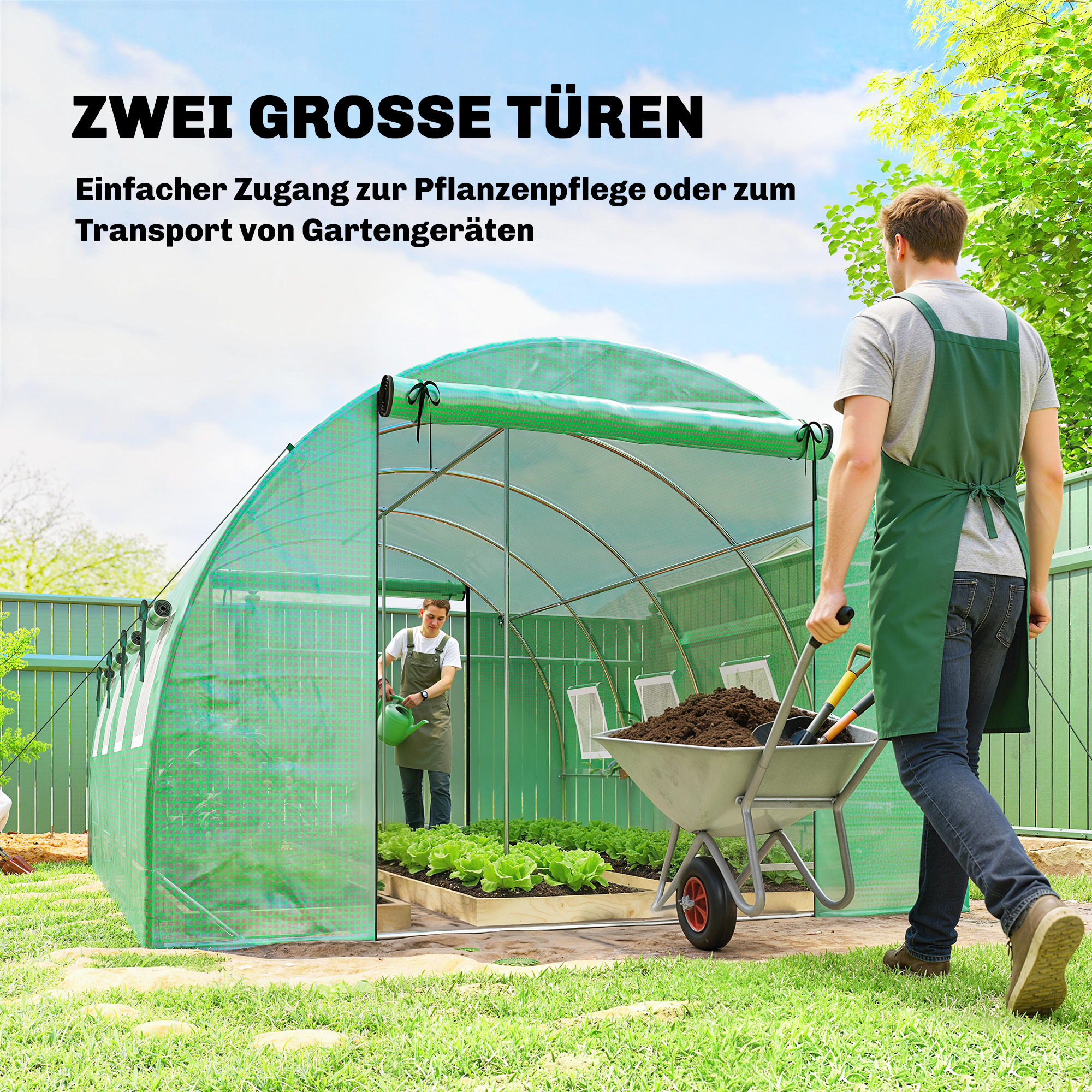 Gewächshaus ca. 4 x 3 x 2 m Foliengewächshaus mit Rollbar 2 Reißverschlusstür & 8 Netzfenster Stützstangen Grün