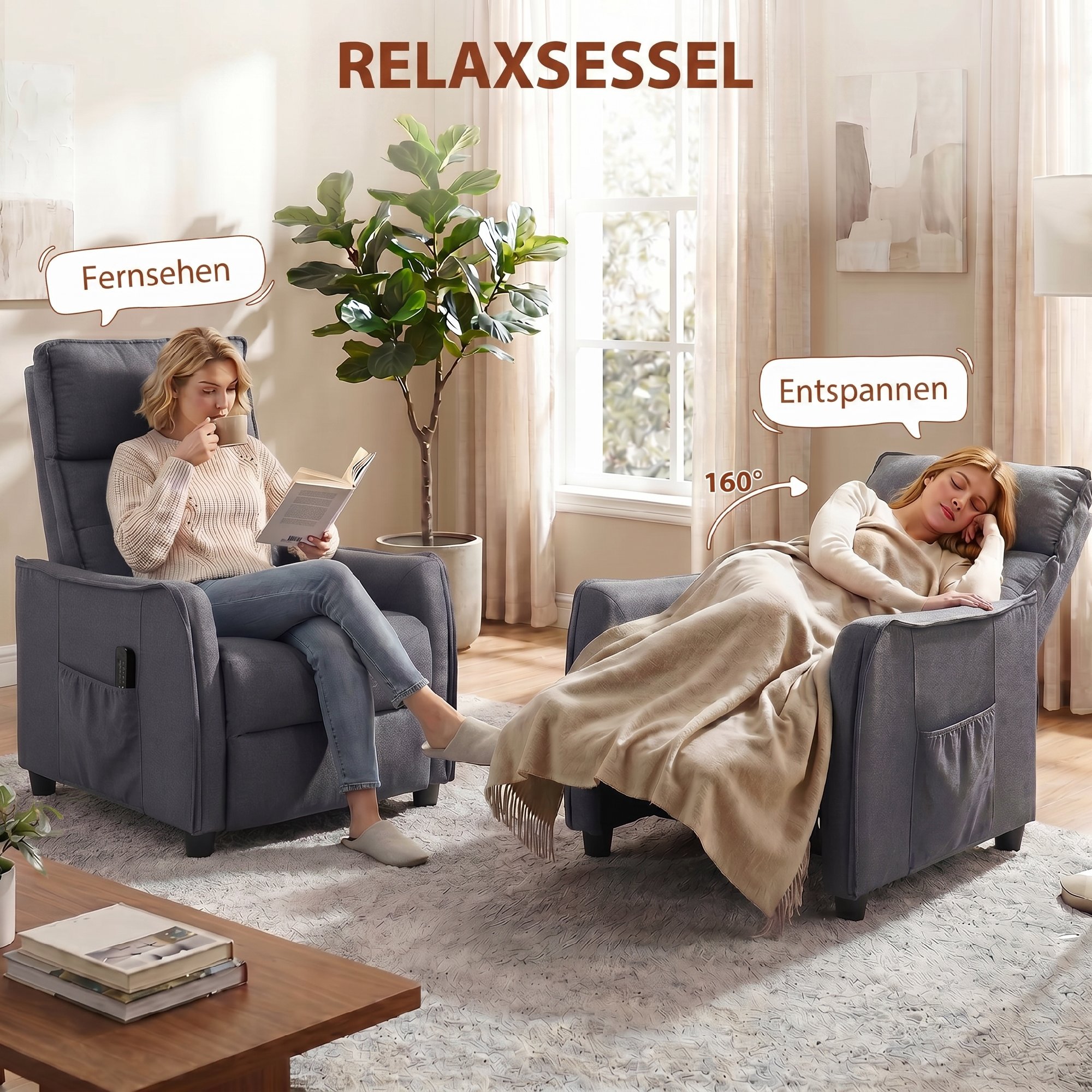 Relaxsessel mit Vibrationsmassage, Leinen-Optik, zurückklappbar mit Federpolsterung, Fußstütze, Grau