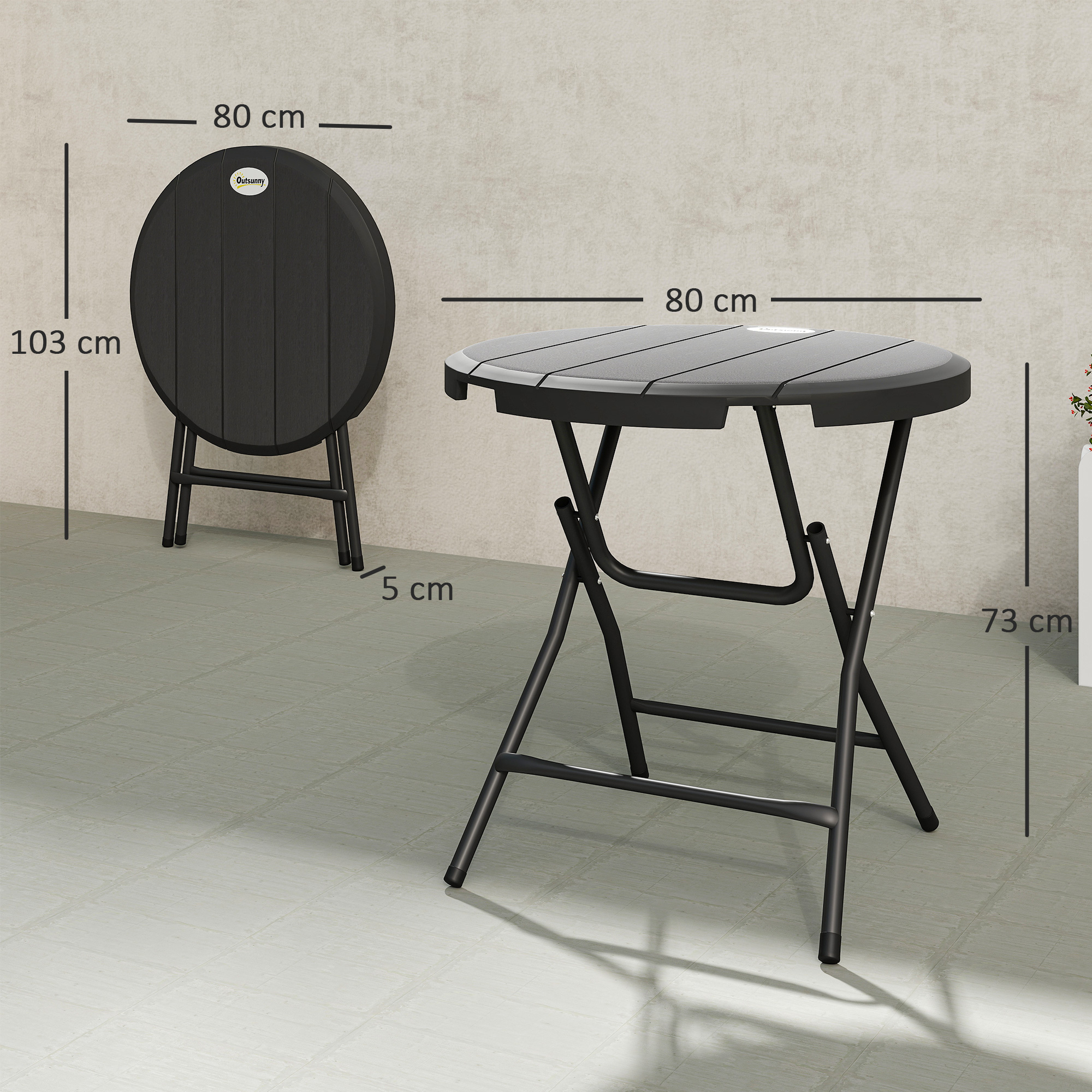 Gartentisch, rund, klappbar, für 4 Personen, Holzoptik, Stahl+Kunststoff, dunkelgrau, 80 x 80 x 73 cm
