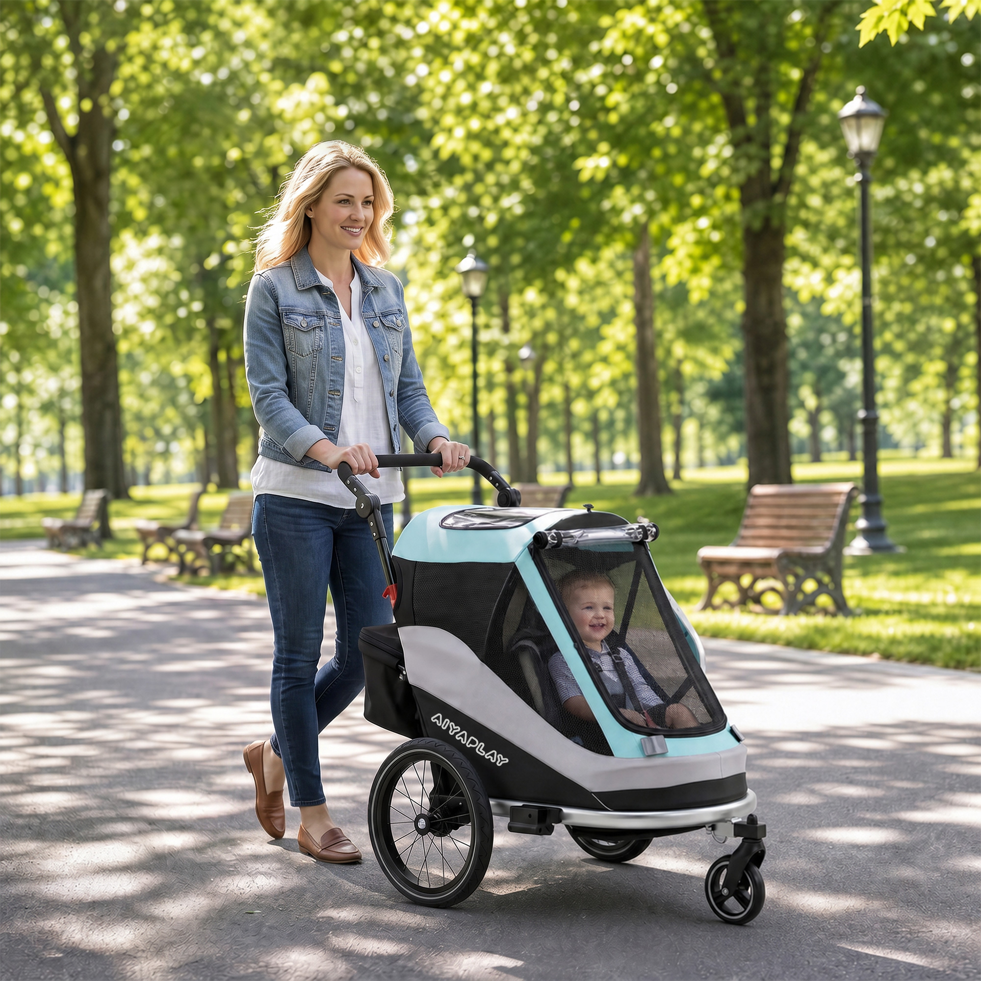 2 in 1 Fahrradanhänger & Buggy Faltbar Kinderfahrradanhänger mit 5-Punkt Gurt Reflektoren 16-Zoll-Luftreifen Bremse