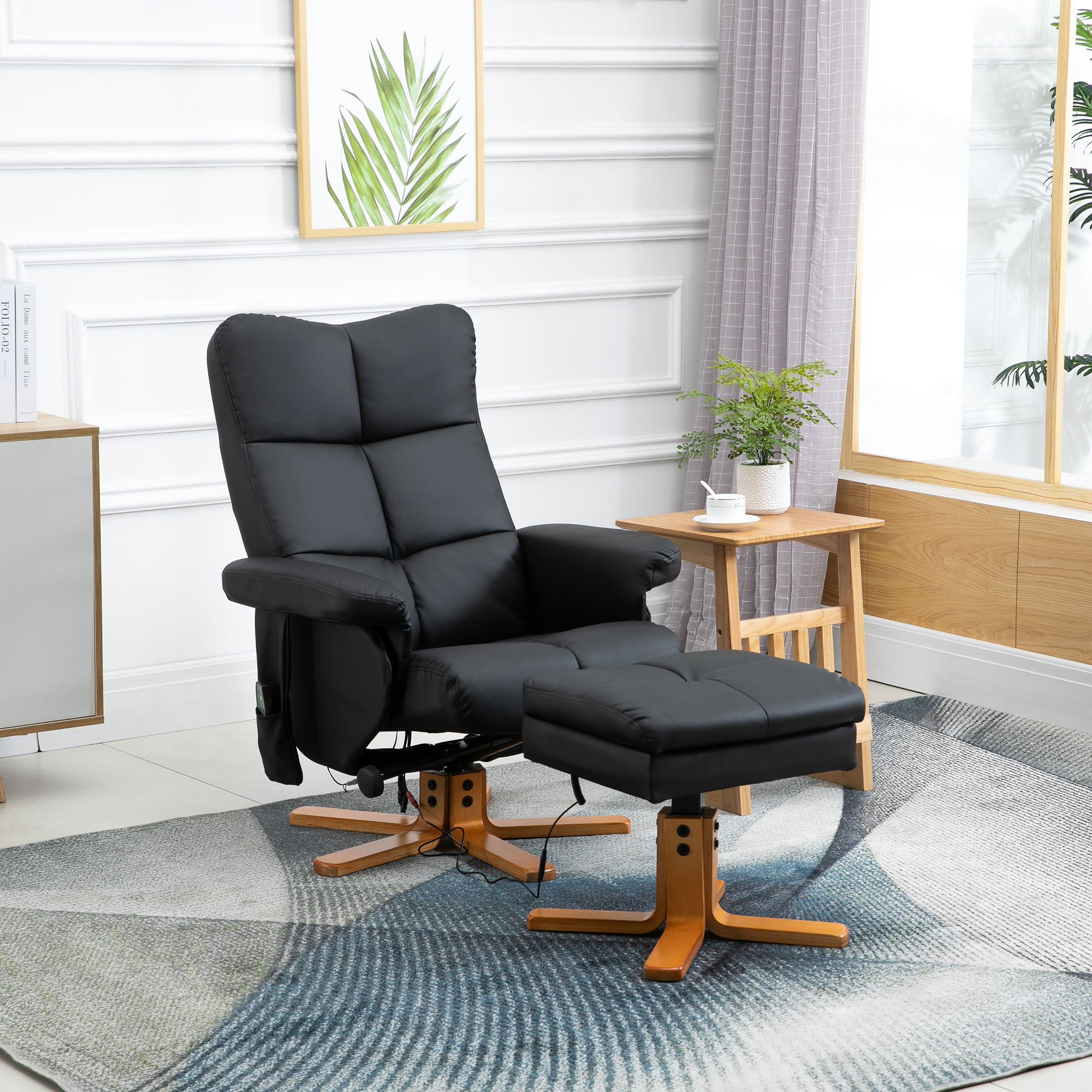 Massagesessel mit Hocker, 145° Neigbarer Relaxsessel mit Massagefunktion Liegefunktion Stauraum, TV-Sessel Fernsehsessel für Wohnzimmer, Kunstleder, 80 x 86 x 99 cm Schwarz