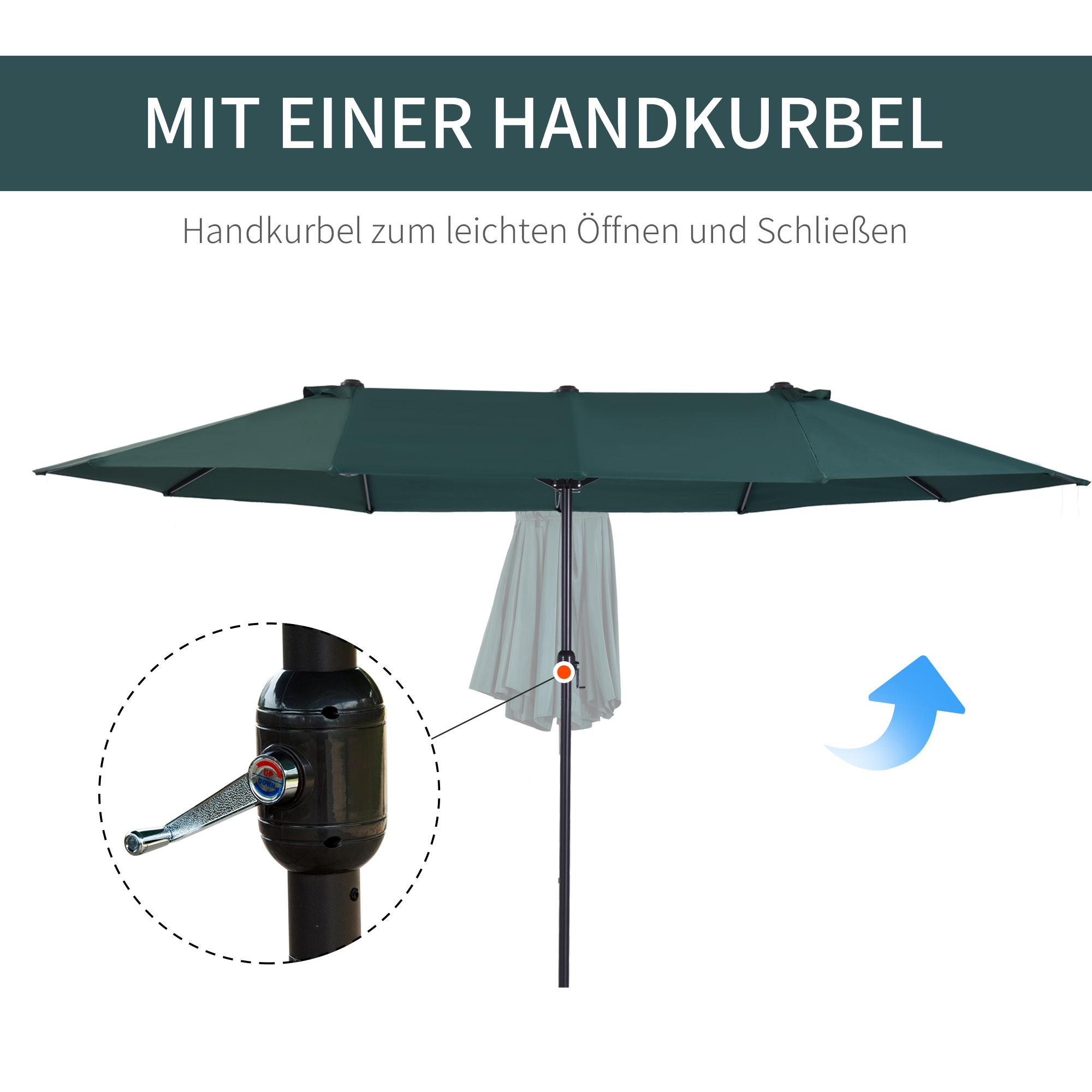 Sonnenschirm Gartenschirm Marktschirm Doppelsonnenschirm Terrassenschirm mit Handkurbel Dunkelgrün Oval 460 x 270 x 240 cm