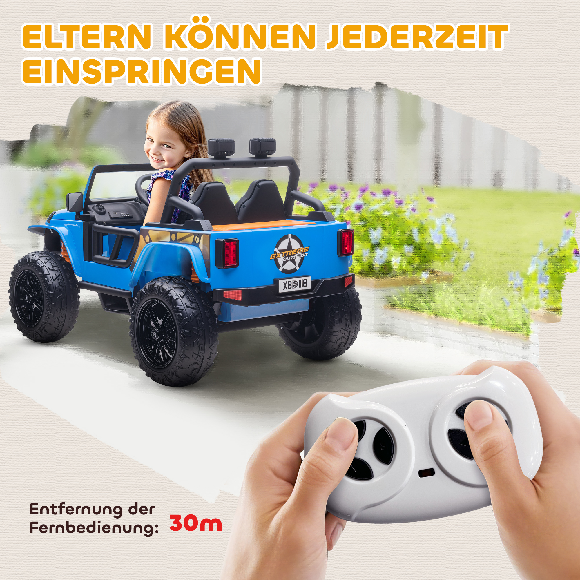 Elektrofahrzeug für Kinder, 12V Batterie, mit Eltern-Kind-Sitz, fernsteuerbar, Musik, Hupe, LED-Lichter, 3-8 Jahre, Blau