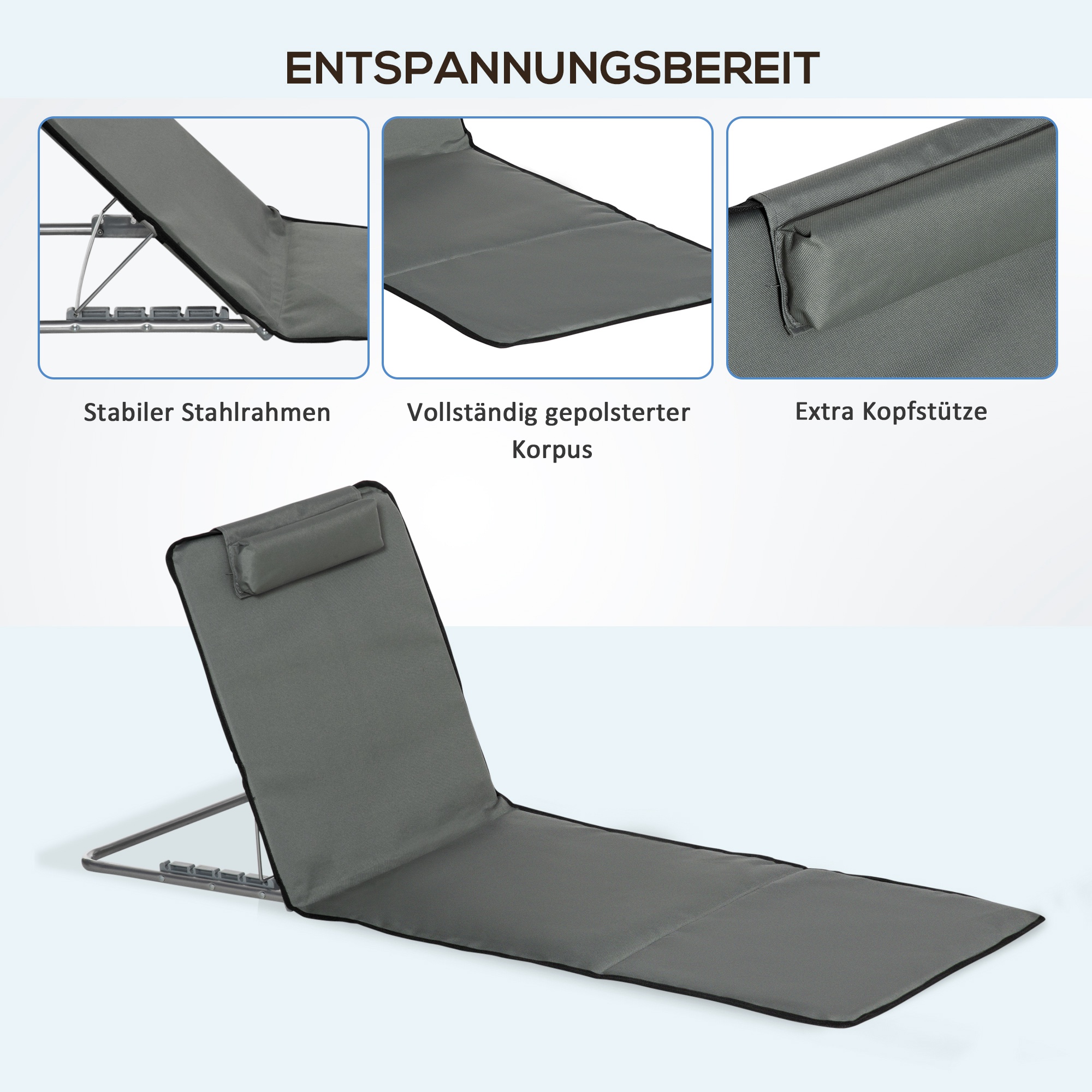 2er-Set Strandmatte, verstellbar, faltbar, 124L x 53B x 37-50H cm, Grau