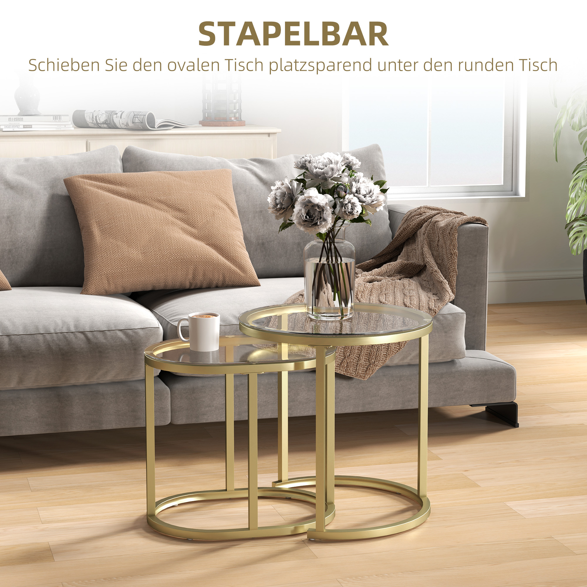 2er-Set Couchtisch, Ovaler und runder Kaffeetisch, stapelbar, Stahl, Ø50 x 50,5H cm, Gold