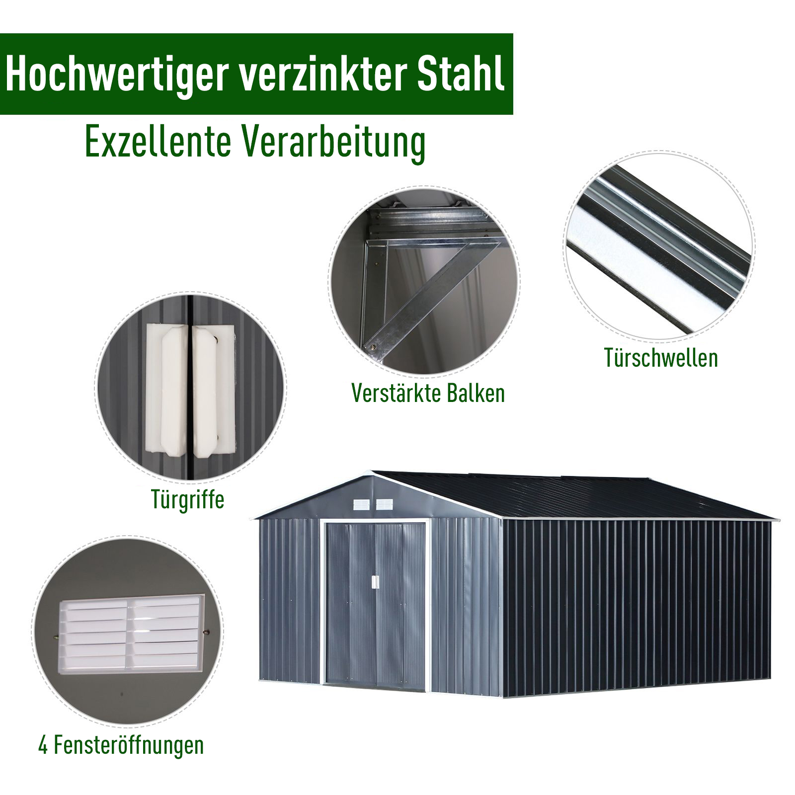 Geräteschuppen, Wetterfestes Gartenhaus für Gartengeräte, mit Belüftungsfenstern, Schiebetüren, Stahl, Kohlegrau