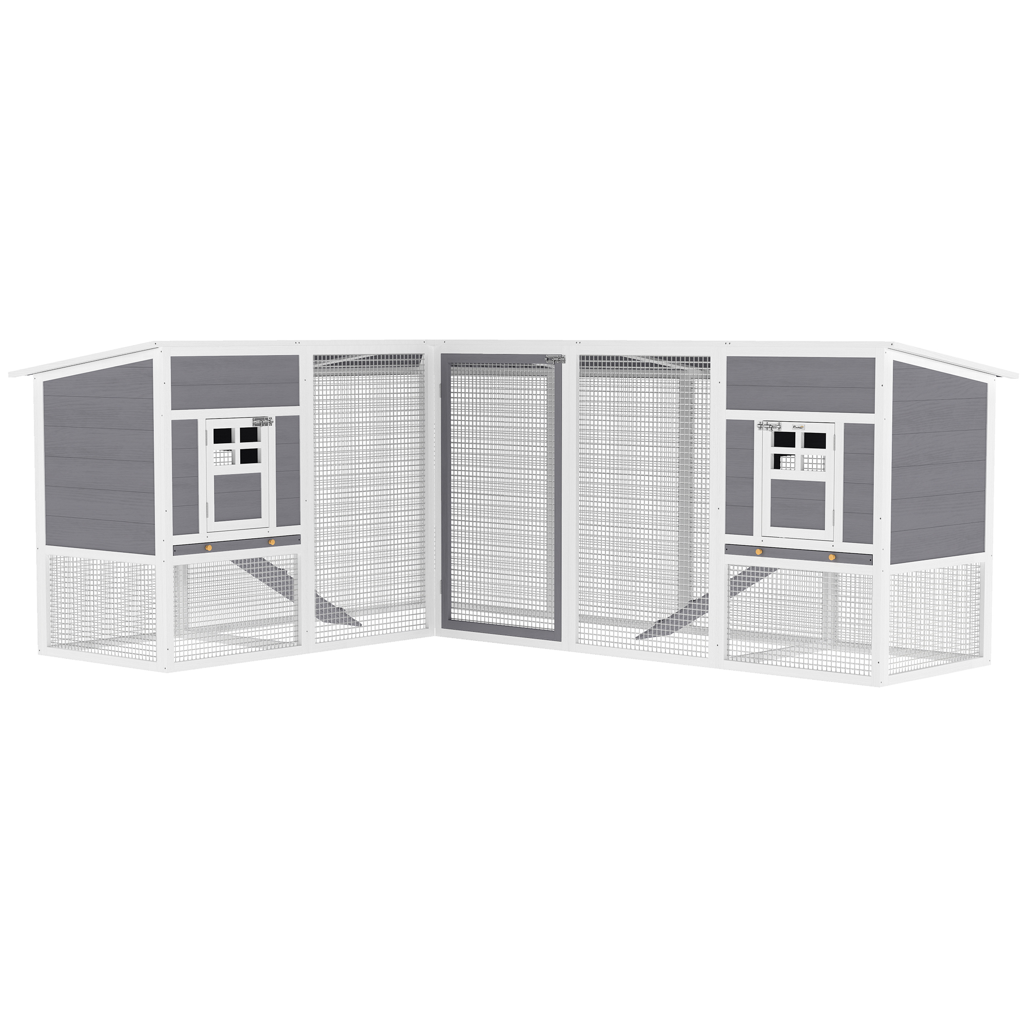 Hühnerstall L-förmiges Hühnerhaus aus Holz mit 2 Häusern, 2 Ebenen, Auslauf, Rampe, 251 x 192 x 103 cm Grau