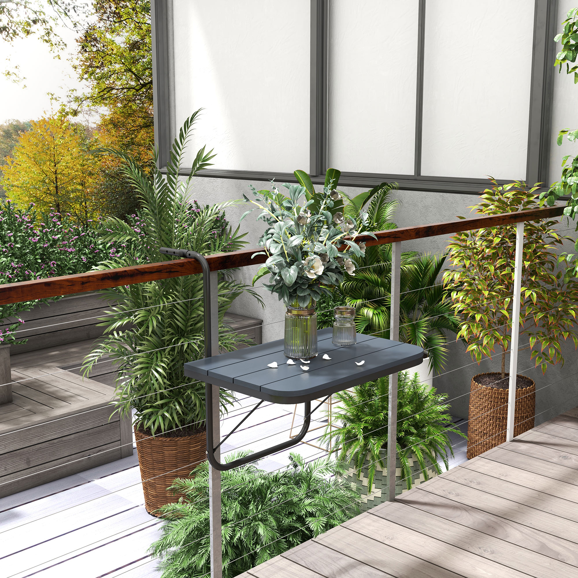 Balkon-Hängetisch, klappbar, höhenverstellbar, Alumiumrahmen, Kunststoff-Tischplatte, Holzoptik, Schwarz