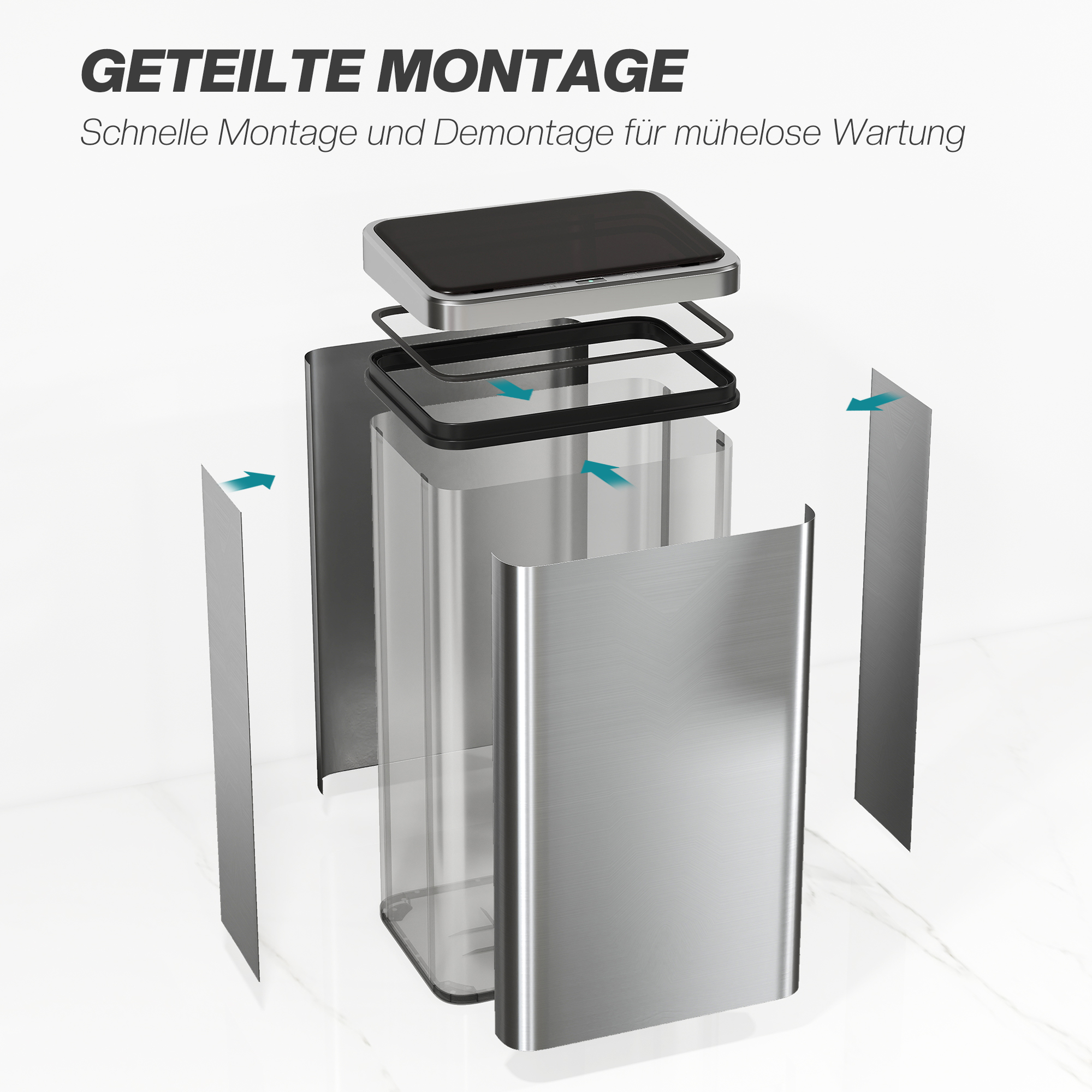 Sensor Mülleimer 50L Edelstahl Automatischer Mülleimer mit Soft-Close-Deckel Bewegungssensor 35,5 x 26 x 67 cm Silber