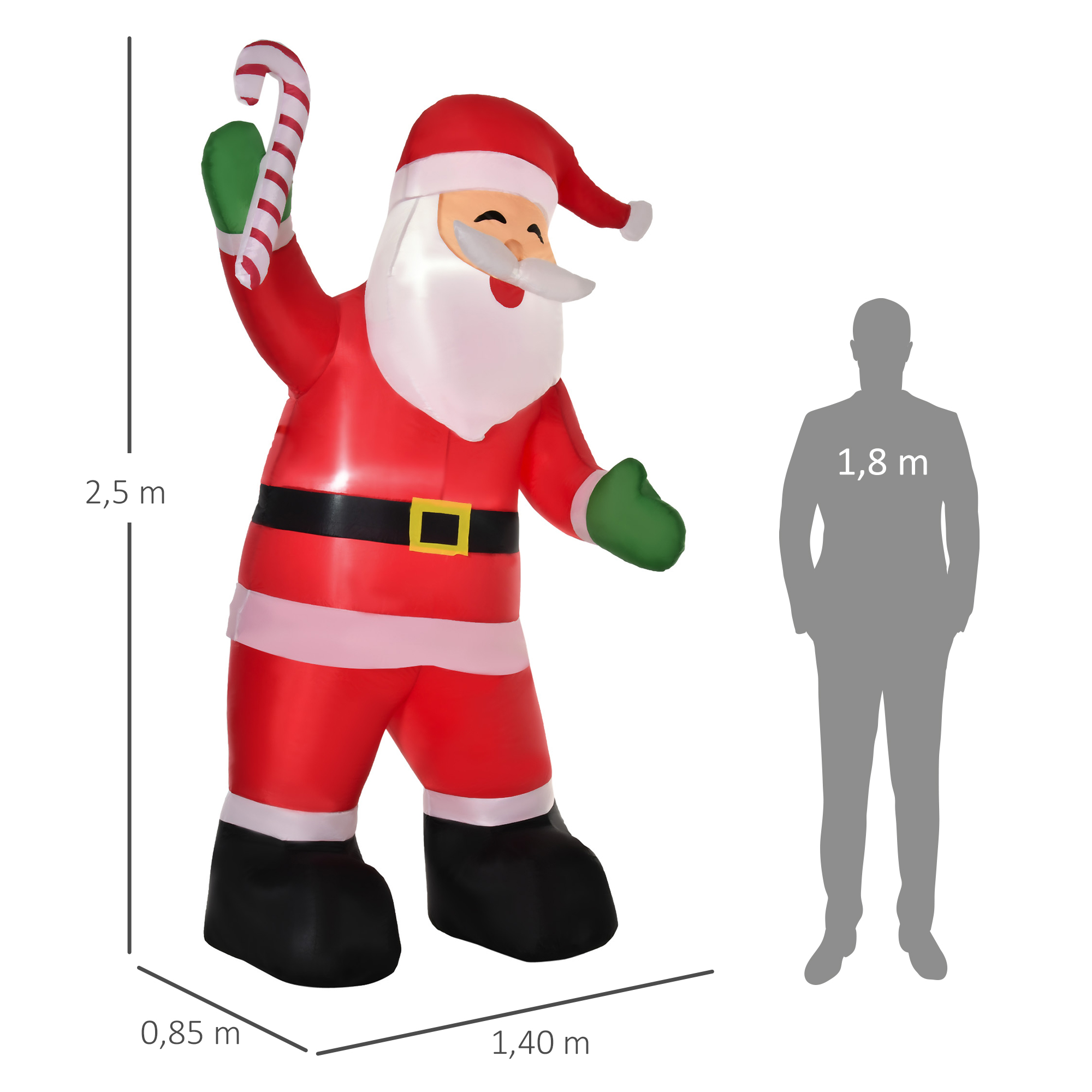 Aufblasbarer Weihnachtsmann mit LED-Beleuchtung inkl, Gebläse, Halteseilen, Bodenspieße, Sandsäcke,140cm x 85cm x 250cm