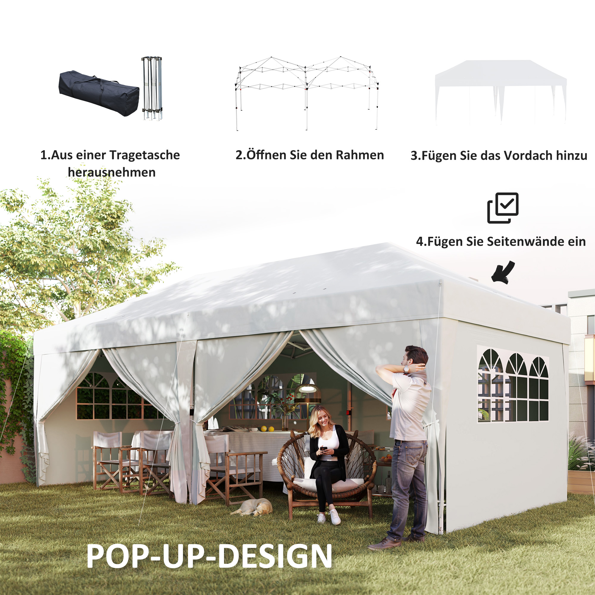 Pavillon ca. 6x3m Stabil Winterfest Pop-up Faltpavillon mit Fenster Reißverschlusstür Seitenteilen UV Schutz