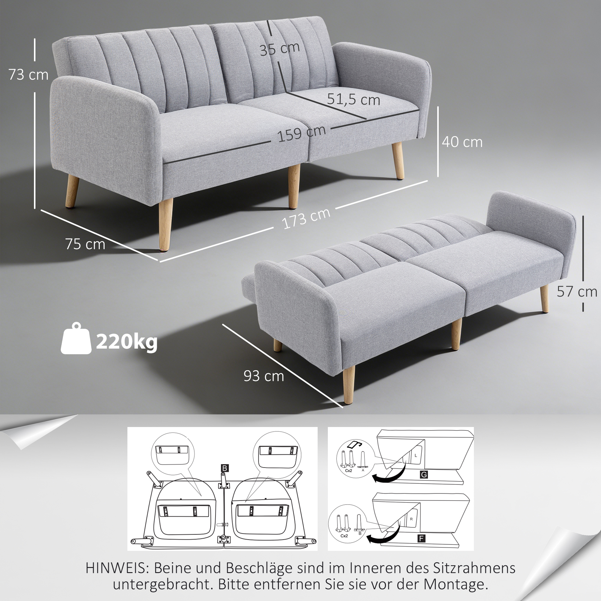 Schlafsofa, 2-Sitzer Stoffsofa, Sofa mit Schlaffunktion, leinenartiges Polyester, Kautschukholz, 173 x 75 x 73 cm, Grau