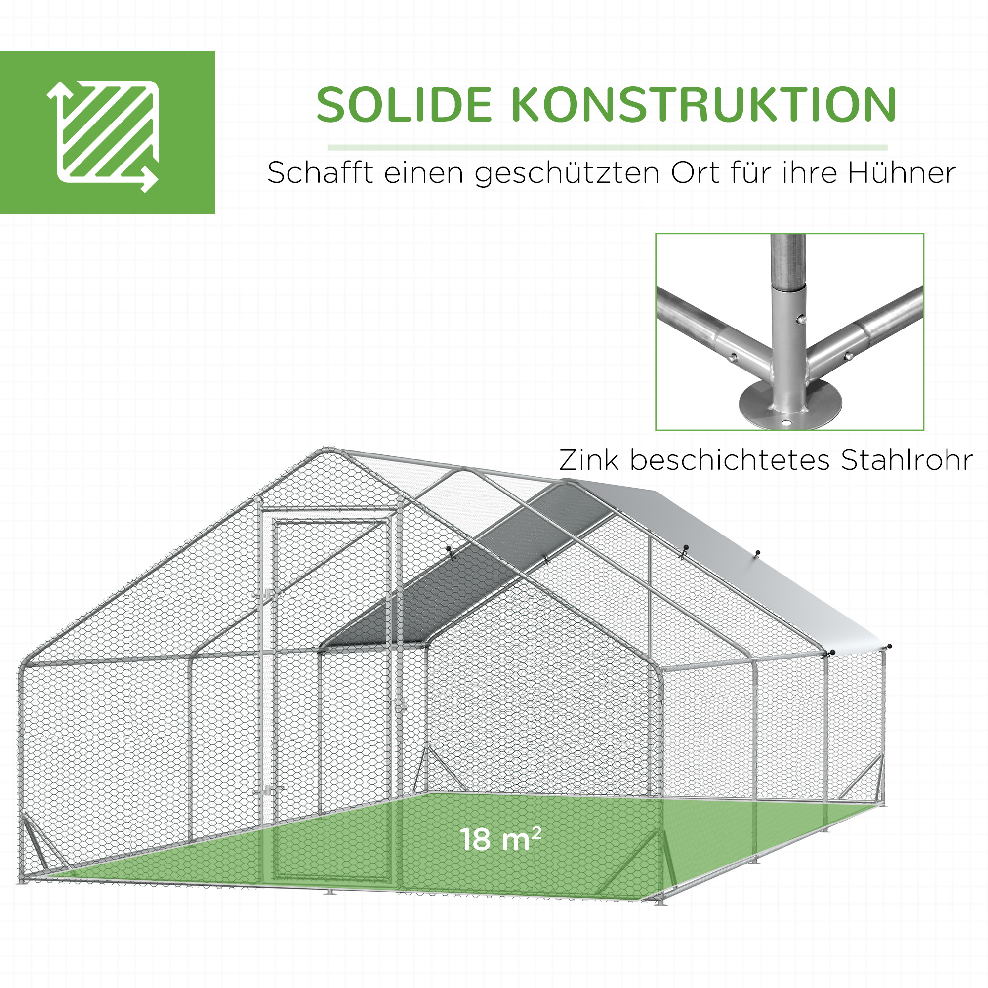 Hühnerstall, Freilaufgehege, Geflügelstall mit Schattendach, Freigehege für 4-6 Hühner, Enten Kaninchen, 3 x 2 x 2 m