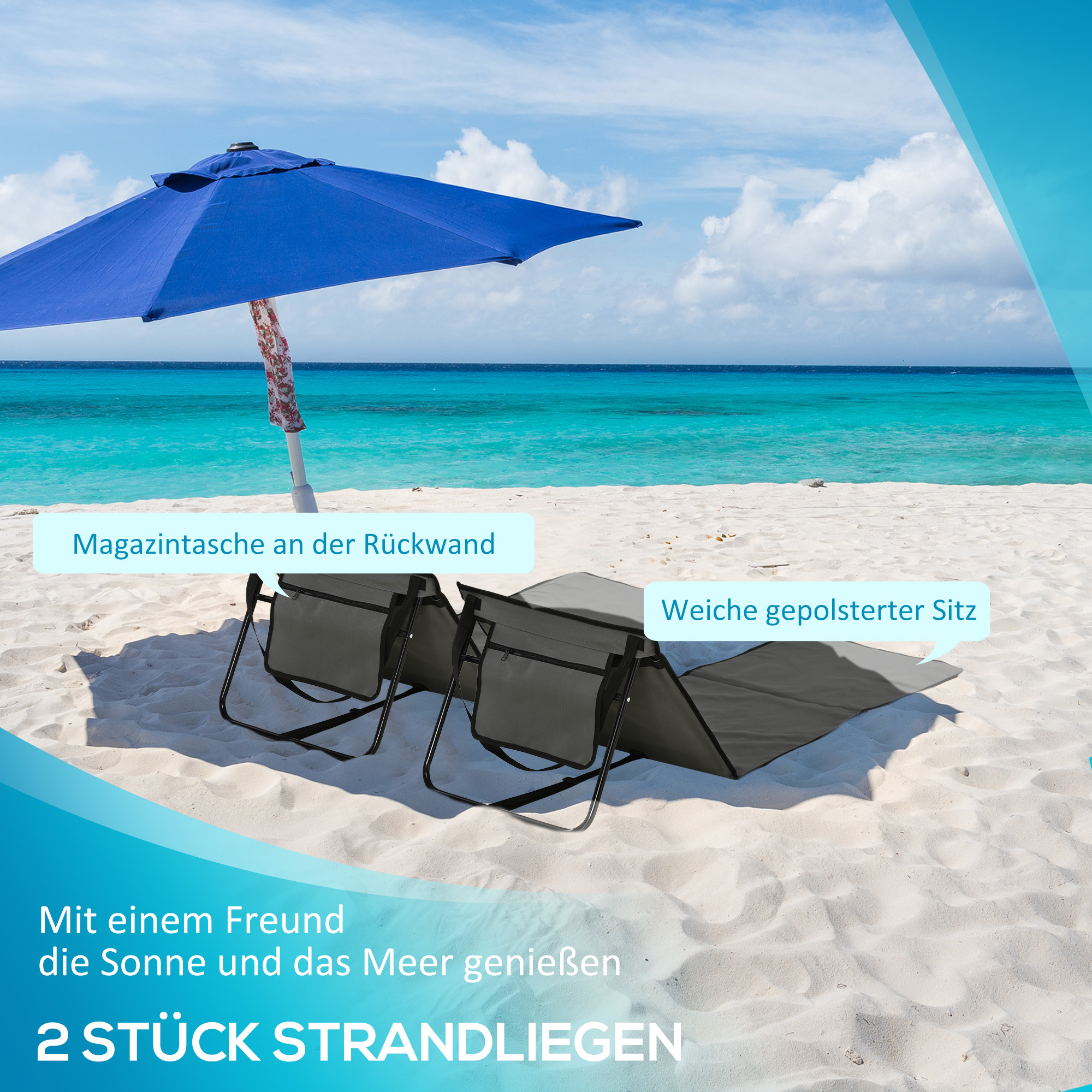 Strandliege, klappbar, verstellbare Rücklehne, Seitentasche, weiche Polsterung, Stahlrahmen, Grau, 142x51x40cm