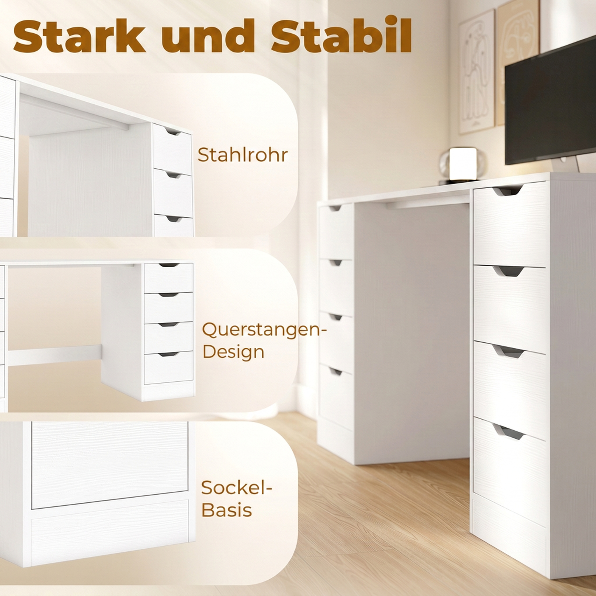 Schreibtisch 140 cm mit 8 Schubladen, moderner Bürotisch mit Stauraum, weiße Holzoptik