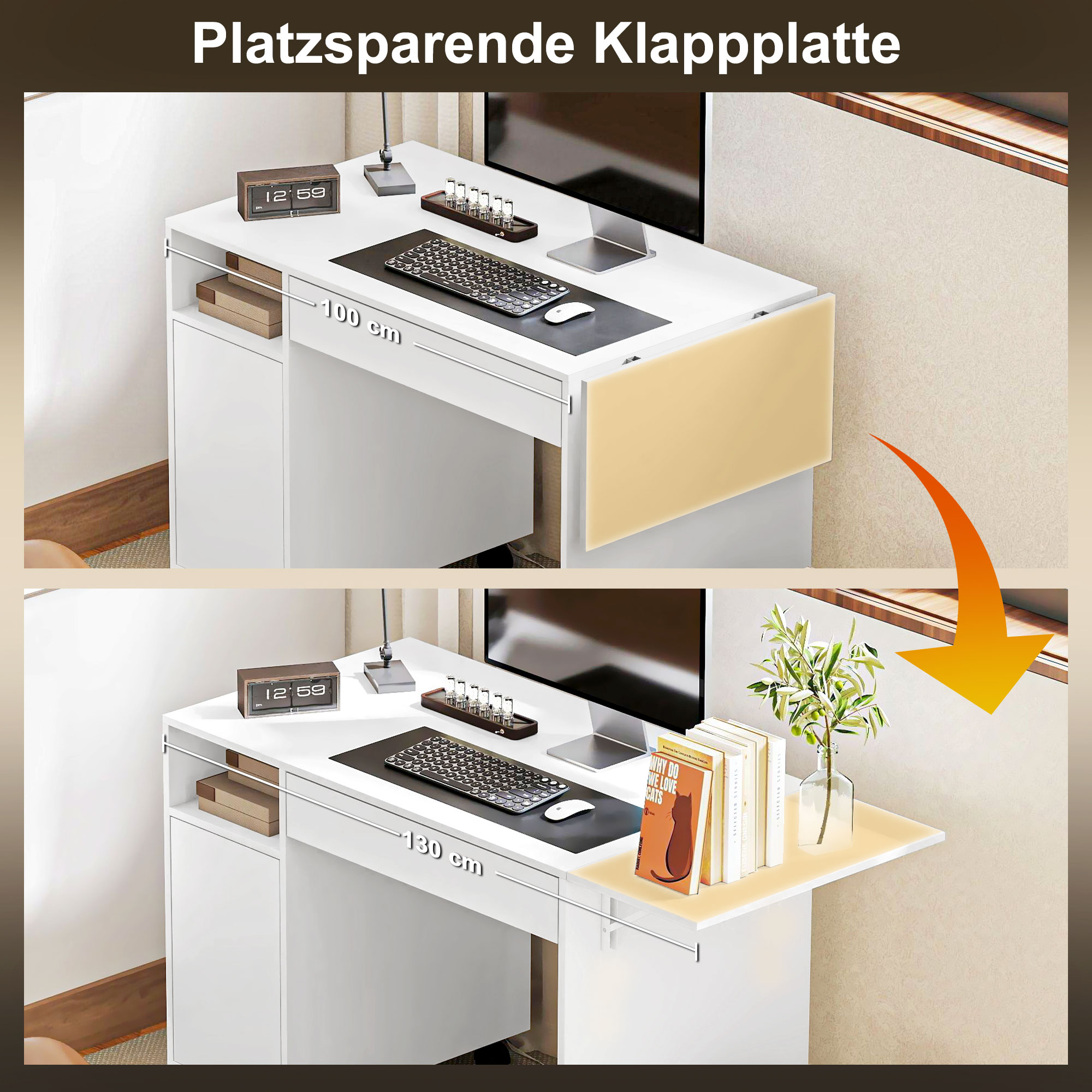 Rollbarer Computertisch, klappbarer Schreibtisch mit Schrank und Schublade, Spanplatte, Weiß