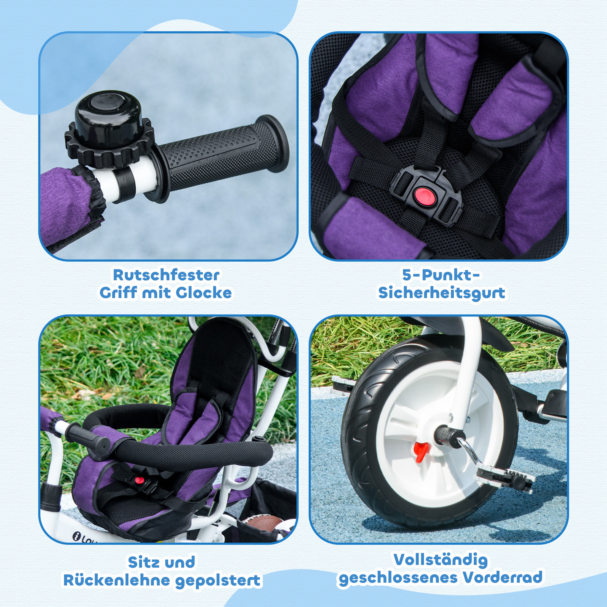 6-in-1 Kinderdreirad mit Schiebestange, Dach, Gurt, Ablagekorb, für 1-5 Jahre, Blau
