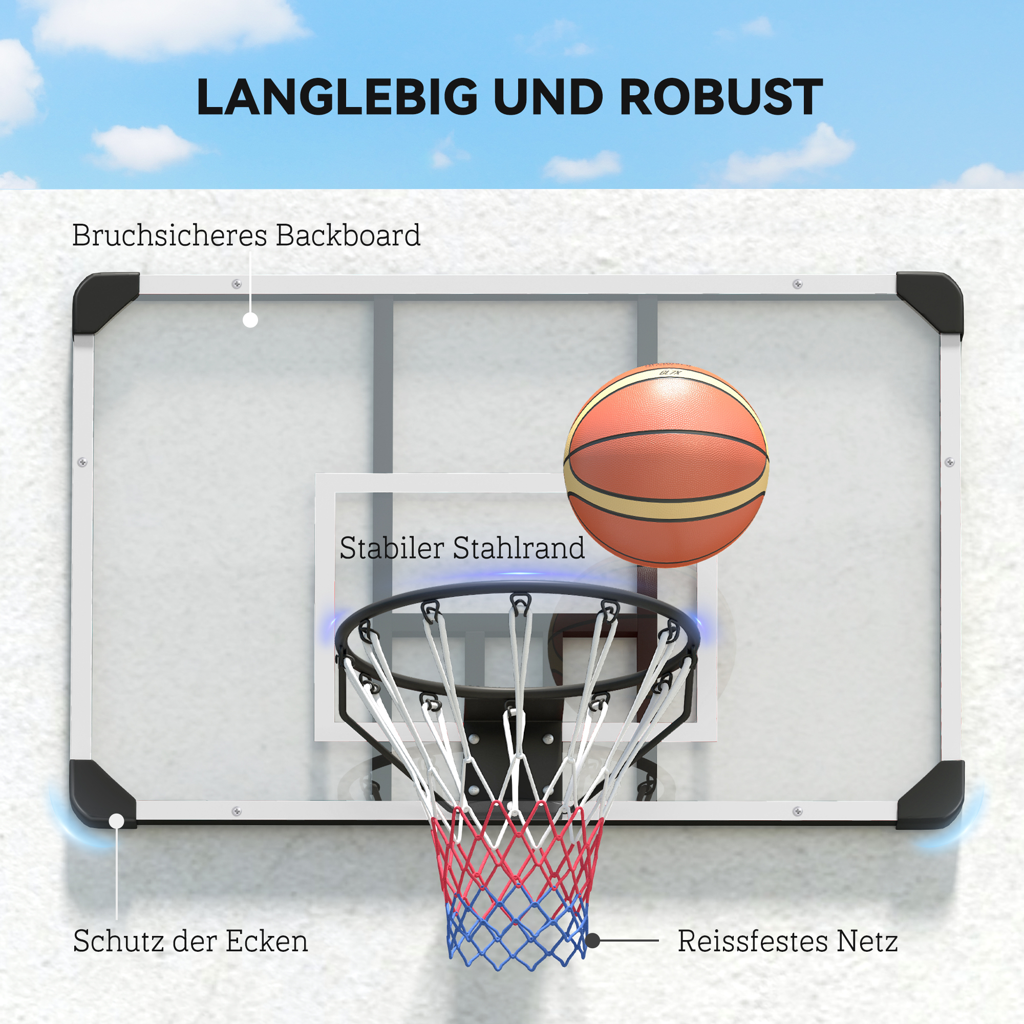 Basketballkorb, bruchsichere Rückwand, Indoor & Outdoor, Stahlrahmen, Schwarz