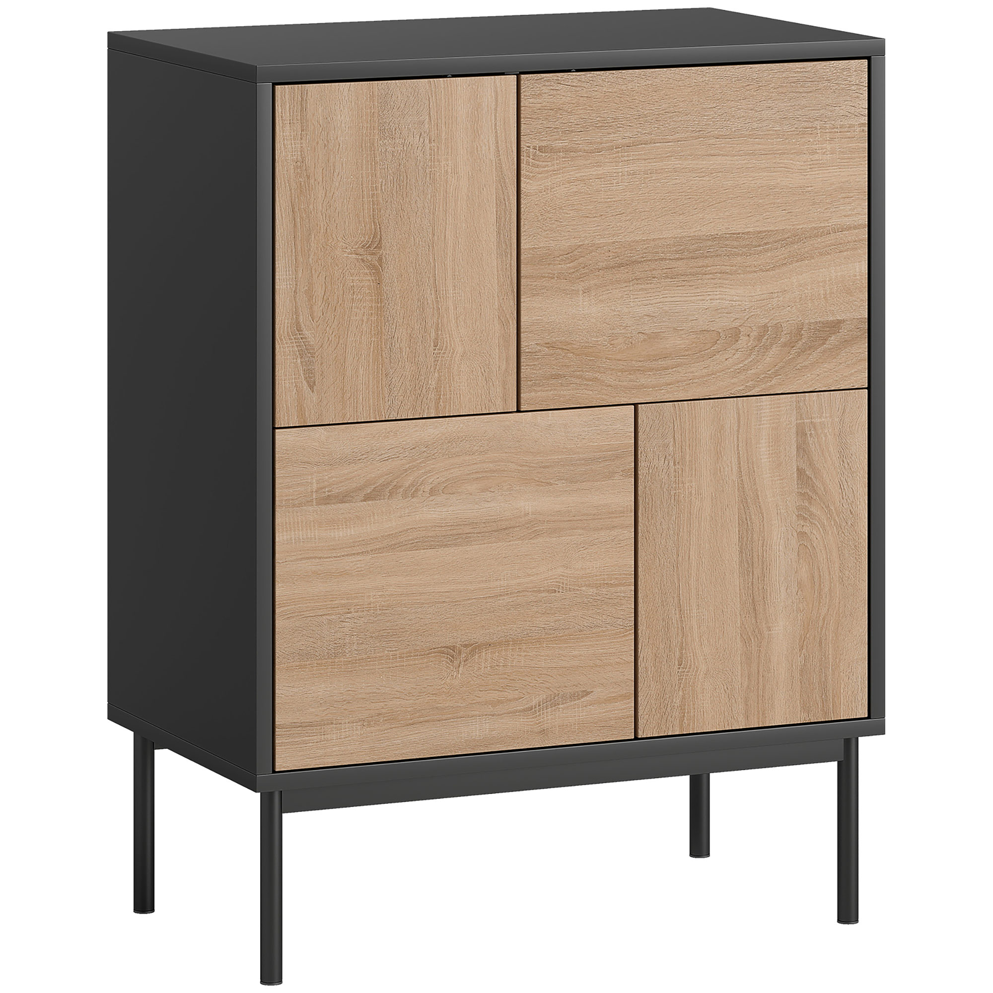 Sideboard mit Push-to-Open Türen, Esszimmerschrank mit Metallbeinen, Küchenschrank, MDF, Schwarz+Naturholz