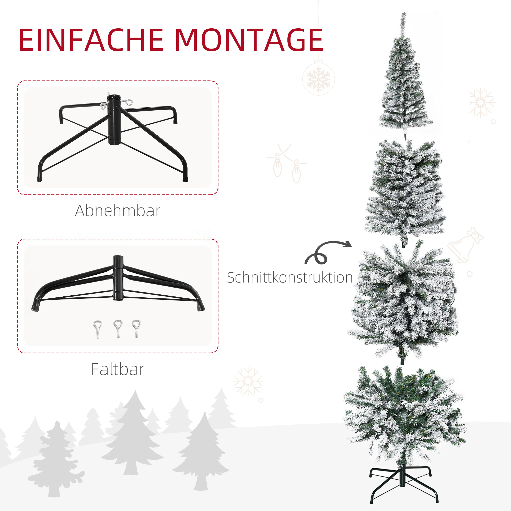 Künstlicher Weihnachtsbaum 225 cm Bleistift Kiefernbaum mit Schnee, 738 Spitzen für drinnen