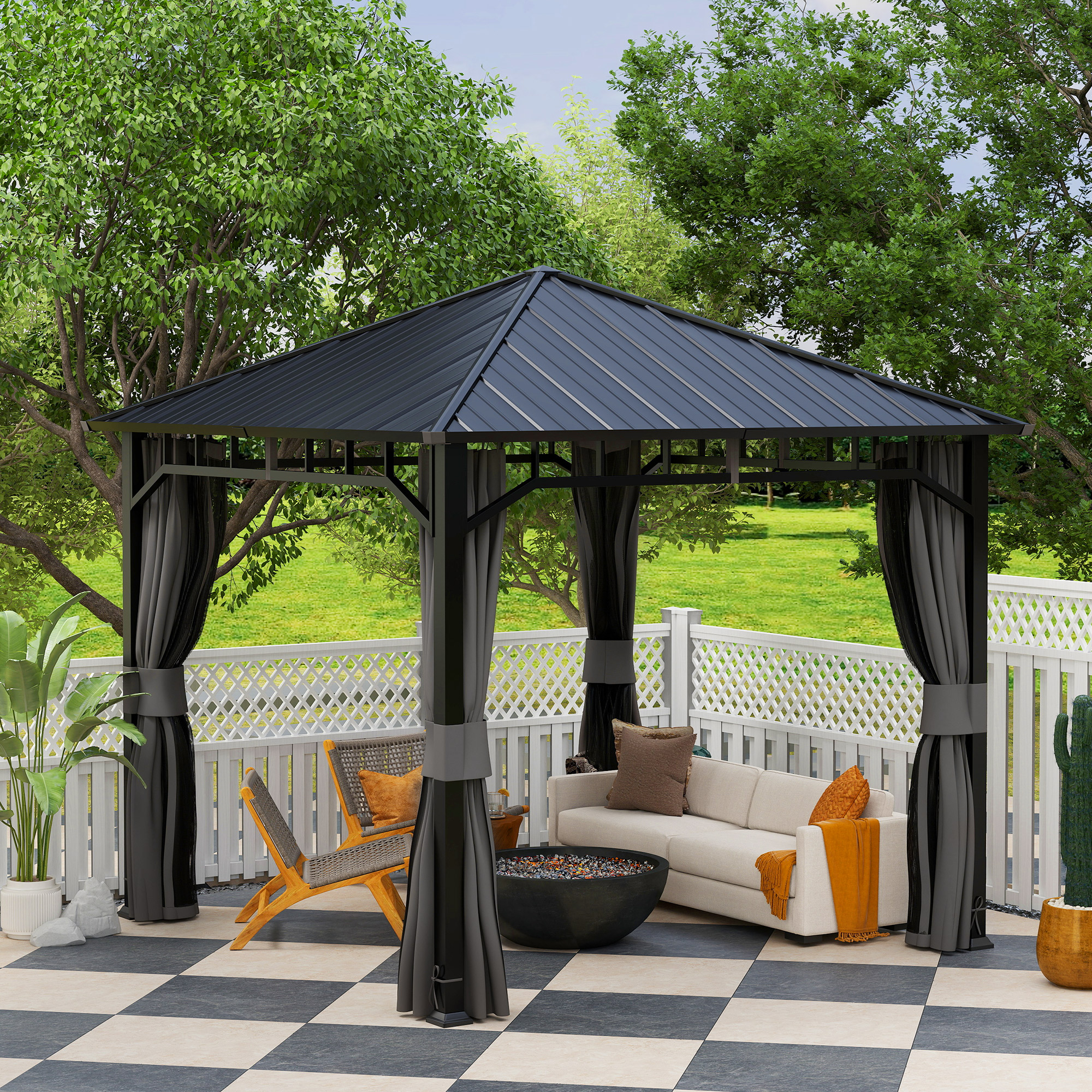 Pavillon 3 x 3 m Wasserdicht Stabil Winterfest Gartenpavillon mit Seitenteile, Netze, Haken Hardtop Dunkelgrau