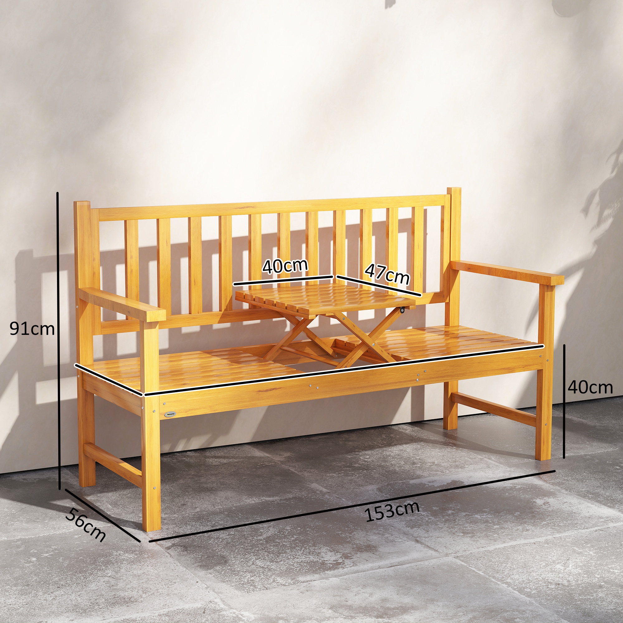 Gartenbank Holzbank Outdoor-Bank, ausklappbarer Tisch, wetterbeständig, Massivholz, 153 cm x 56 cm x 91 cm,  Hellbraun